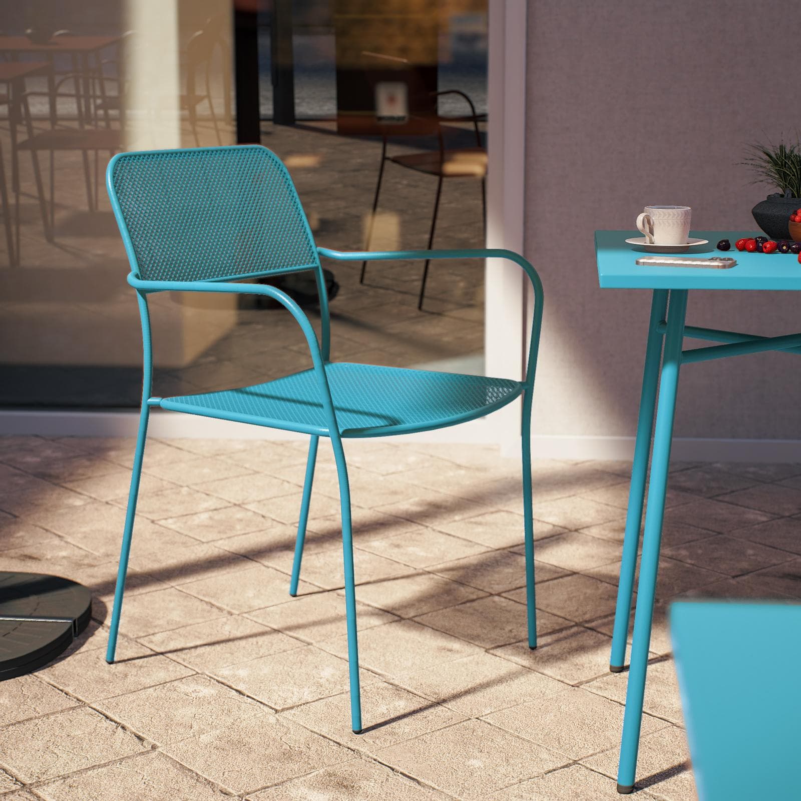 Set bistrot con tavolo 60x60 cm e 2 sedie con braccioli in acciaio blu maldive - Faber
