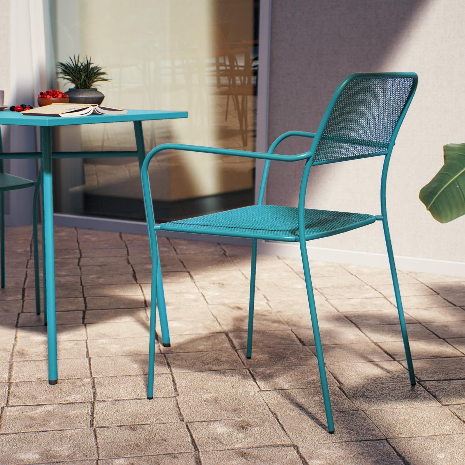 Set bistrot con tavolo 60x60 cm e 2 sedie con braccioli in acciaio blu maldive - Faber