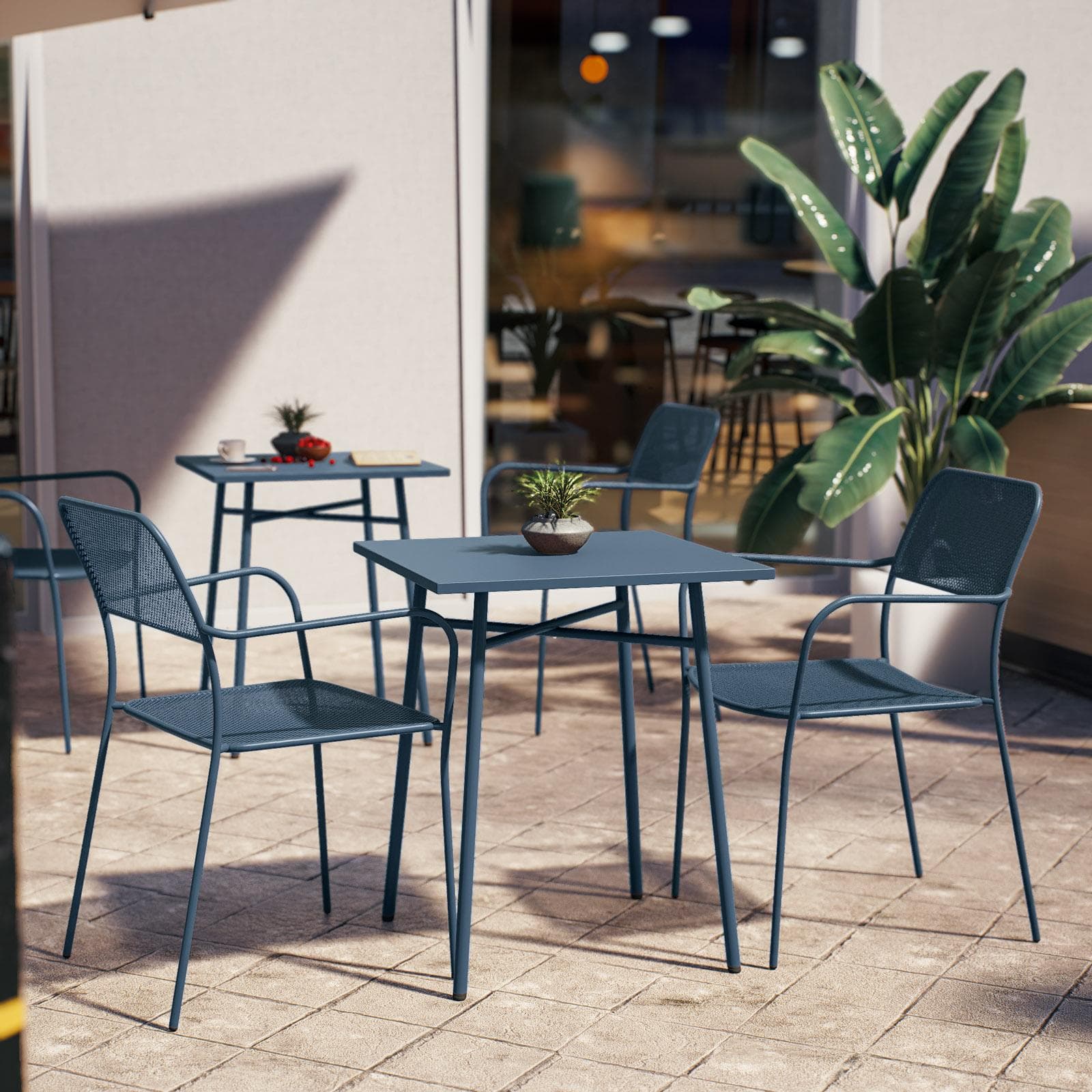 Set bistrot con tavolo 60x60 cm e 2 sedie con braccioli in acciaio blu oceano - Faber