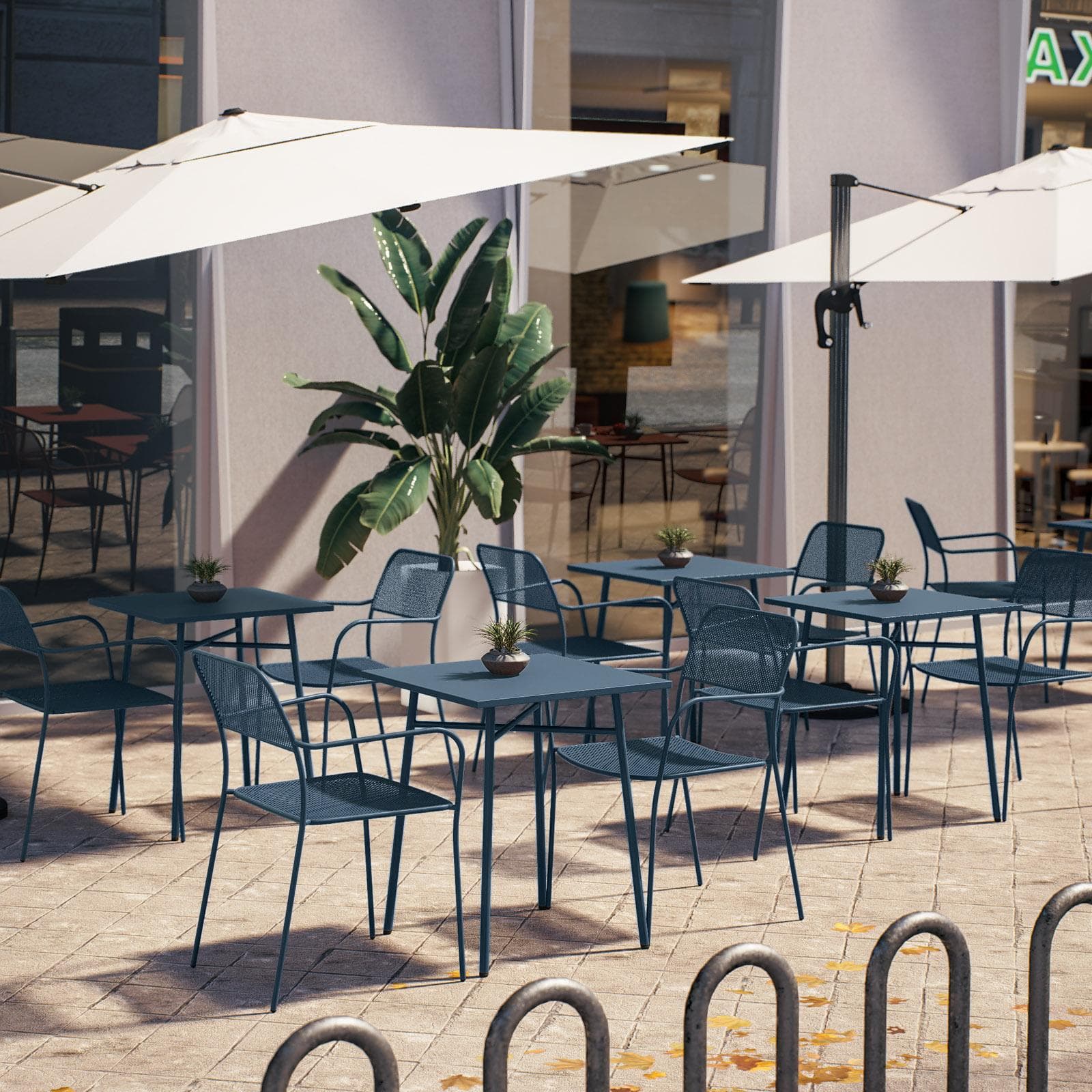 Set bistrot con tavolo 60x60 cm e 2 sedie con braccioli in acciaio blu oceano - Faber
