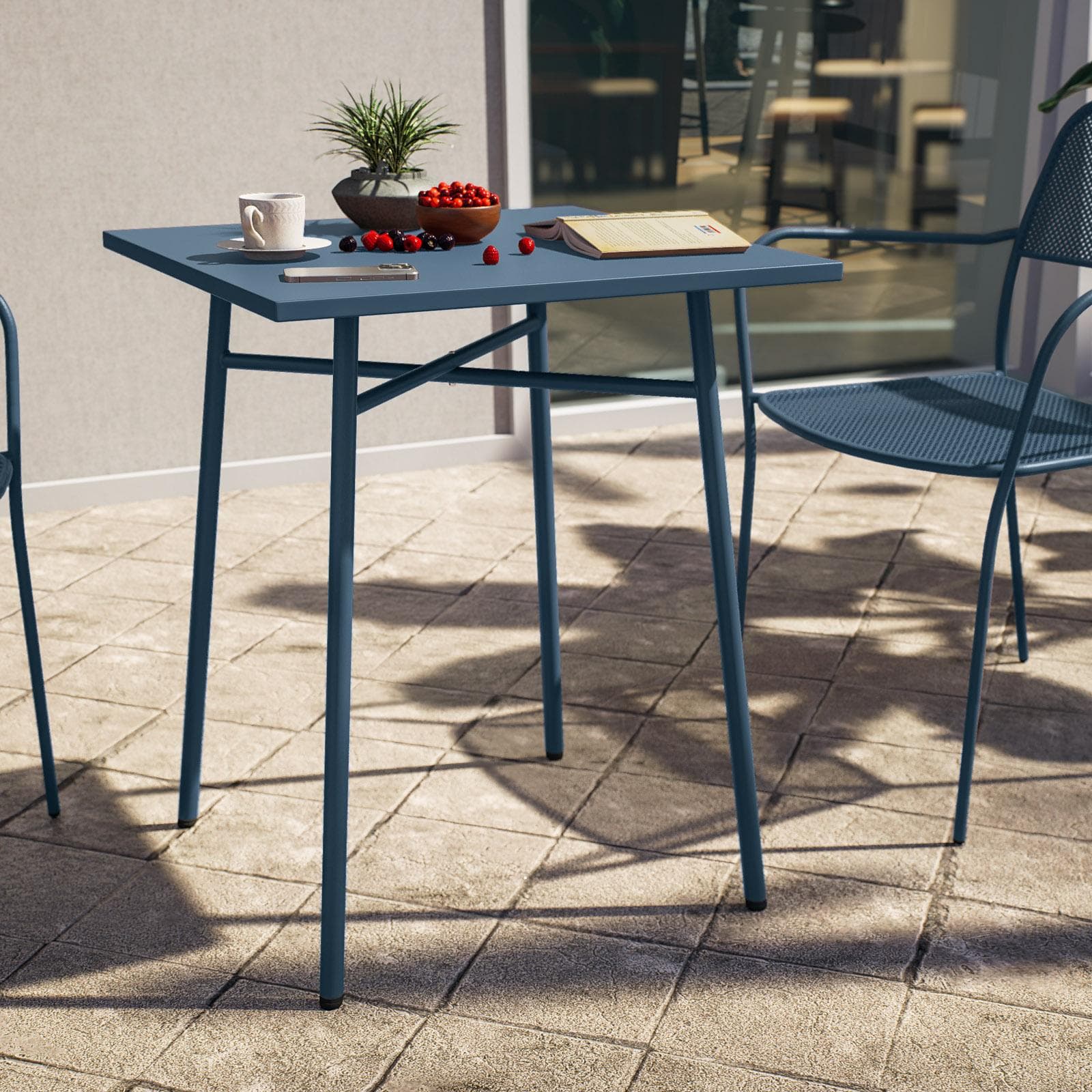 Set bistrot con tavolo 60x60 cm e 2 sedie con braccioli in acciaio blu oceano - Faber