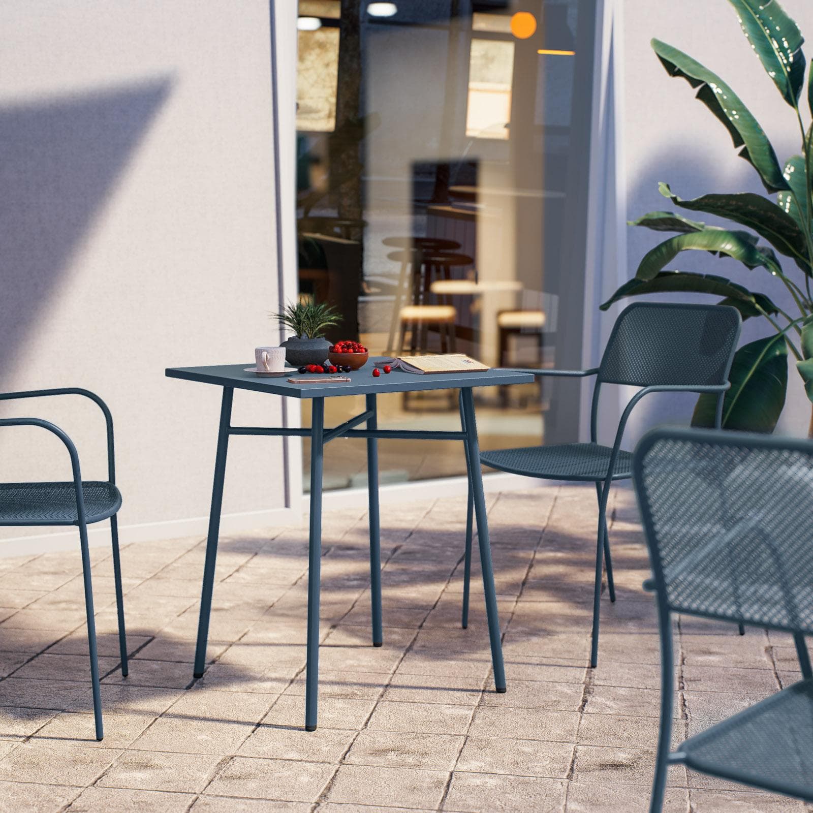 Set bistrot con tavolo 60x60 cm e 2 sedie con braccioli in acciaio blu oceano - Faber