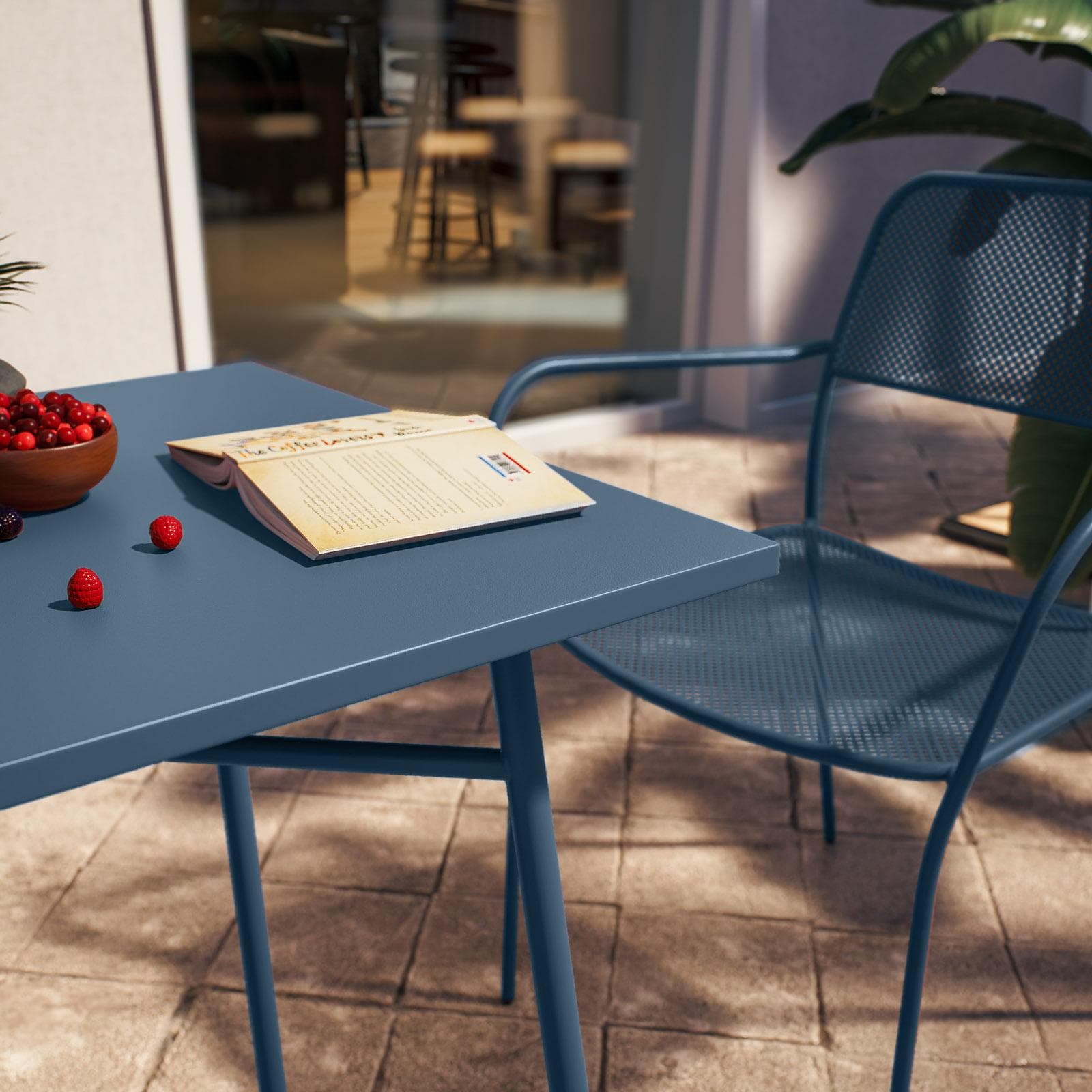 Set bistrot con tavolo 60x60 cm e 2 sedie con braccioli in acciaio blu oceano - Faber