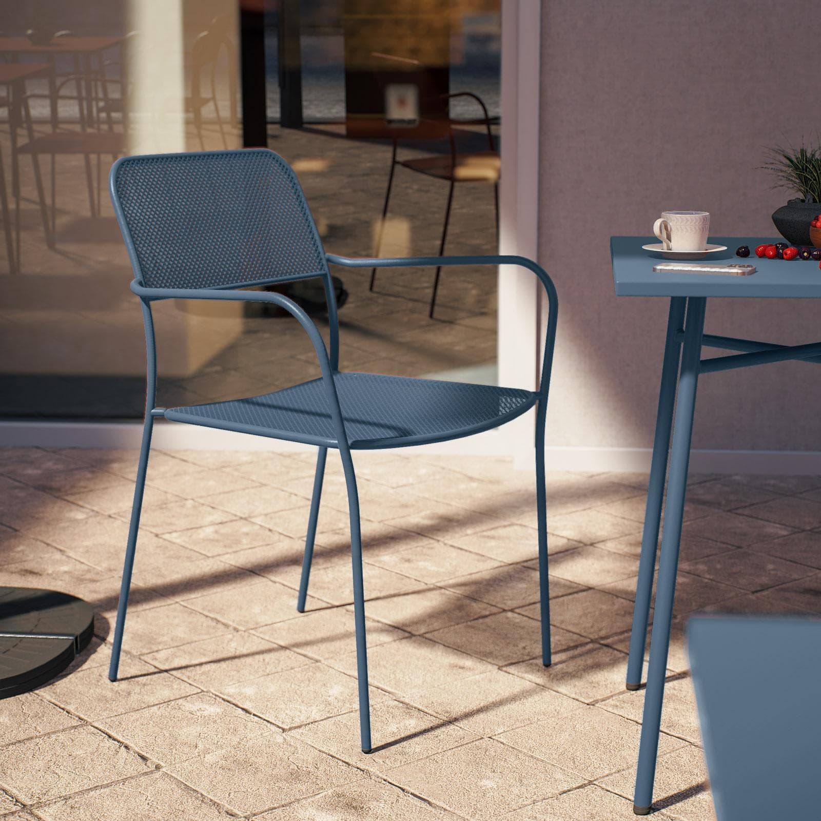Set bistrot con tavolo 60x60 cm e 2 sedie con braccioli in acciaio blu oceano - Faber