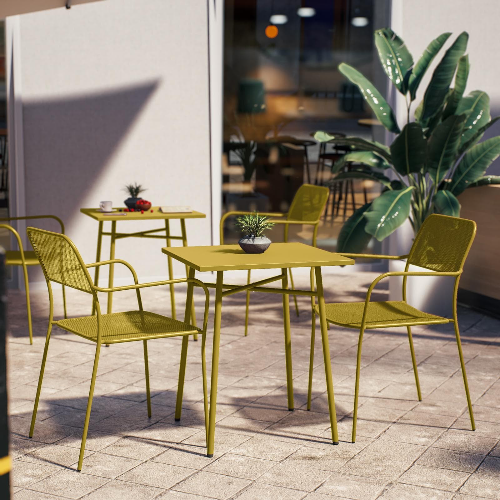 Set bistrot con tavolo 60x60 cm e 2 sedie con braccioli in acciaio senape - Faber