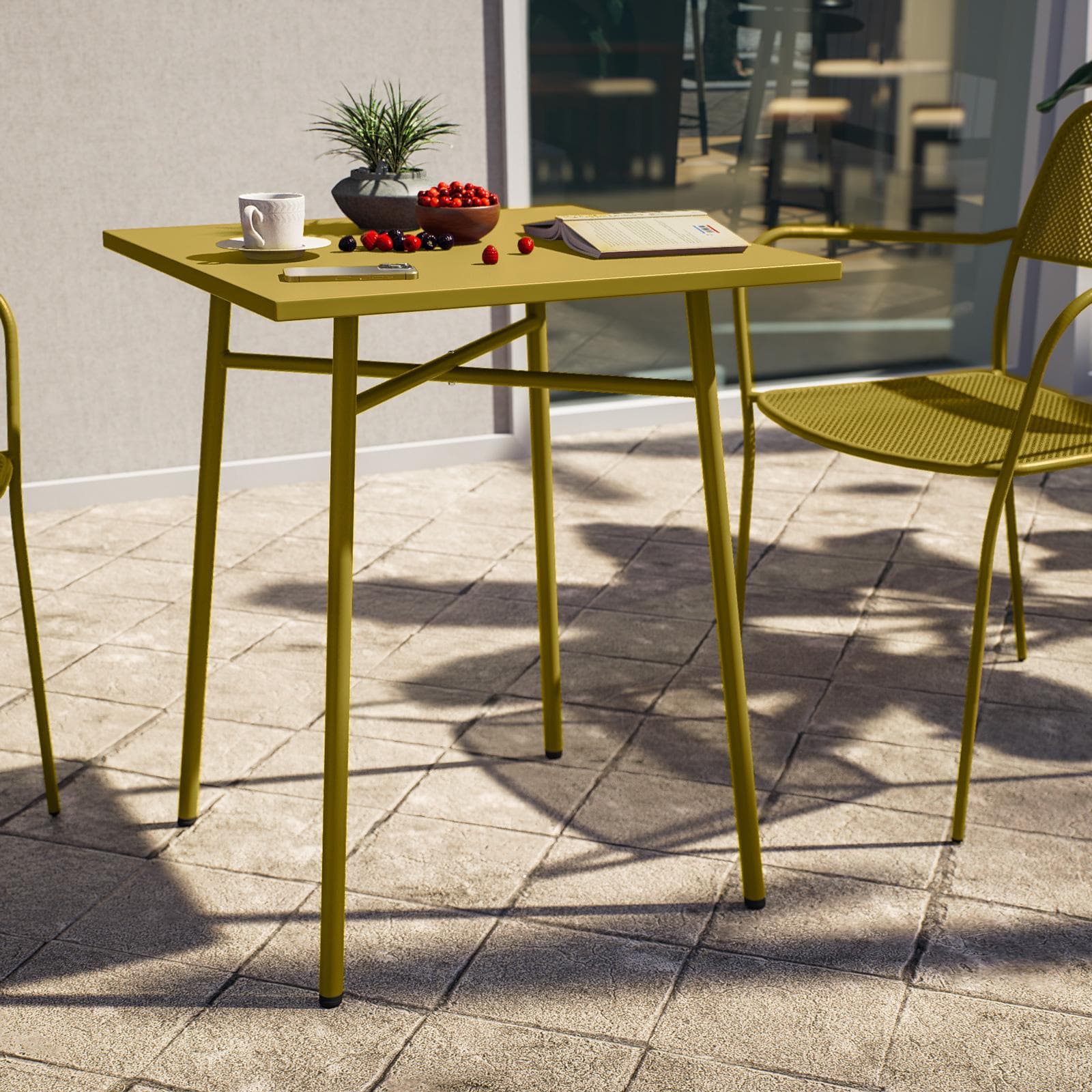 Set bistrot con tavolo 60x60 cm e 2 sedie con braccioli in acciaio senape - Faber