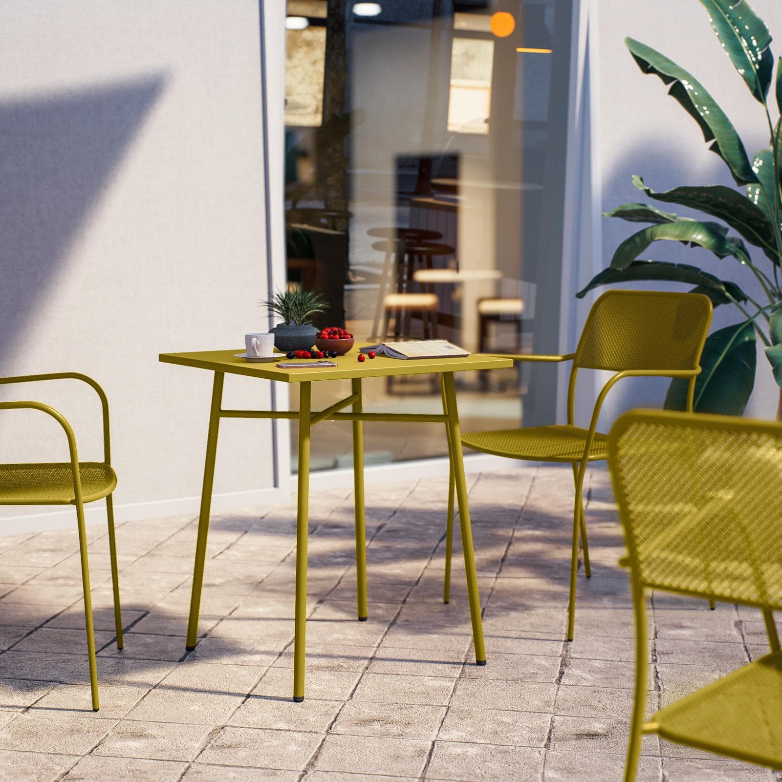 Set bistrot con tavolo 60x60 cm e 2 sedie con braccioli in acciaio senape - Faber