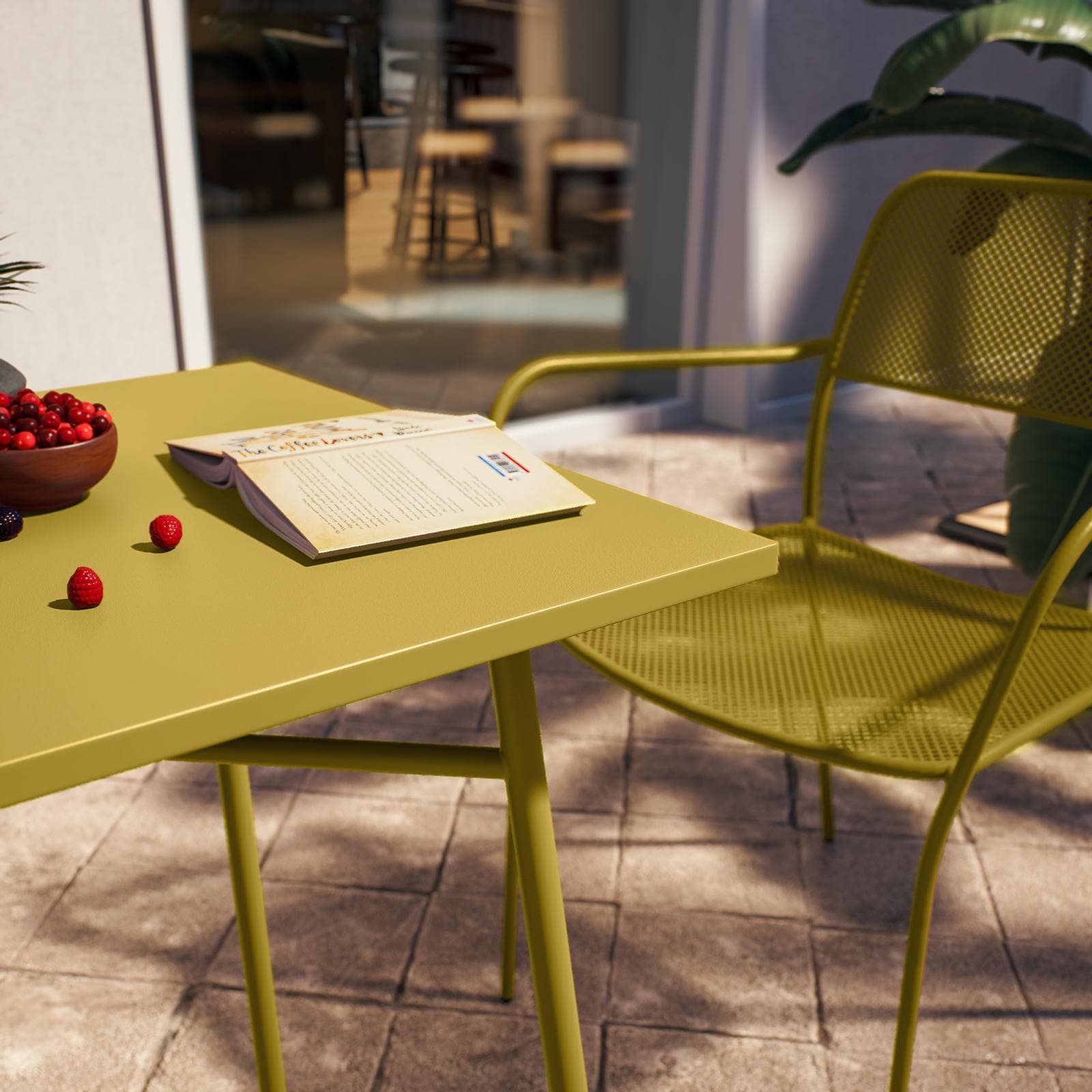 Set bistrot con tavolo 60x60 cm e 2 sedie con braccioli in acciaio senape - Faber