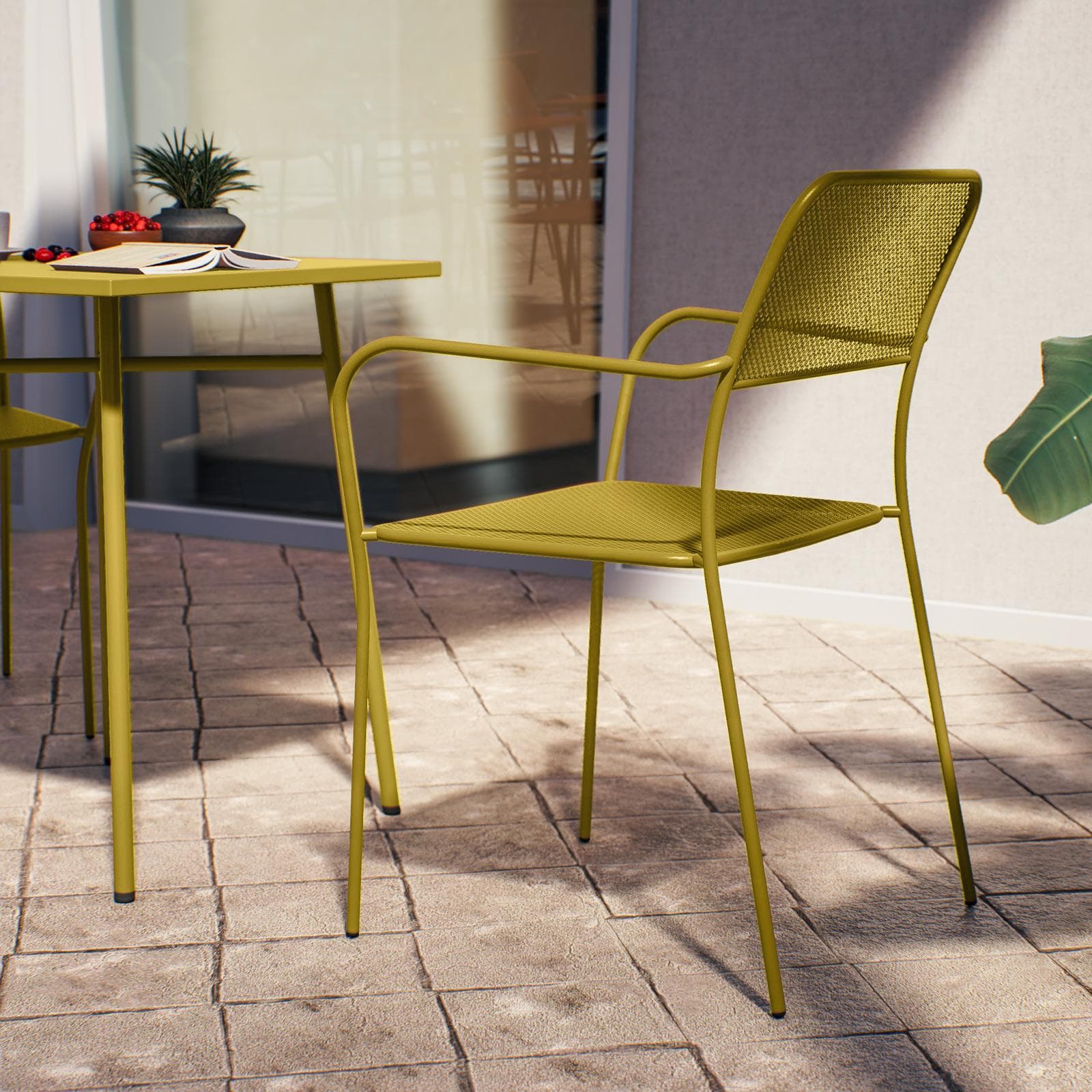 Set bistrot con tavolo 60x60 cm e 2 sedie con braccioli in acciaio senape - Faber