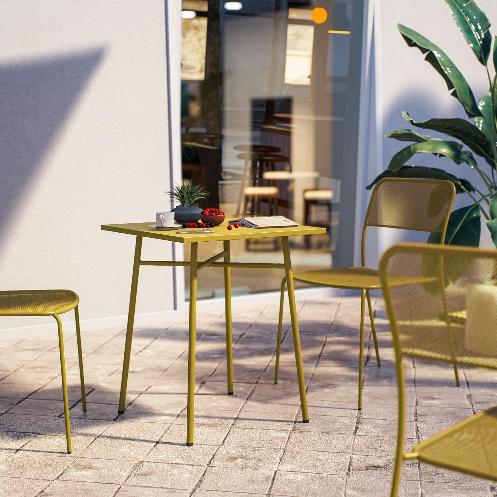 Set bistrot con tavolo 60x60 cm e 2 sedie in acciaio senape - Faber