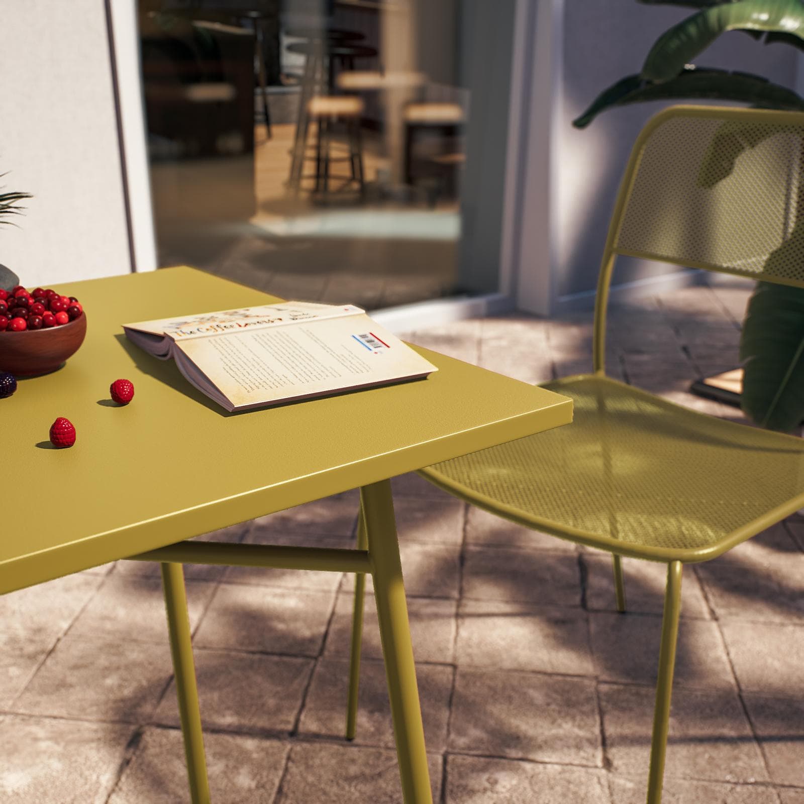 Set bistrot con tavolo 60x60 cm e 2 sedie in acciaio senape - Faber