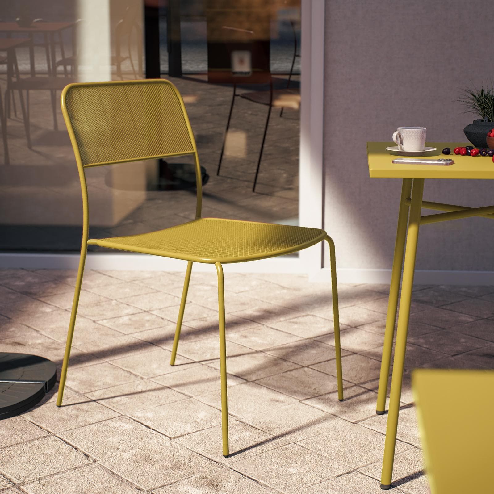 Set bistrot con tavolo 60x60 cm e 2 sedie in acciaio senape - Faber