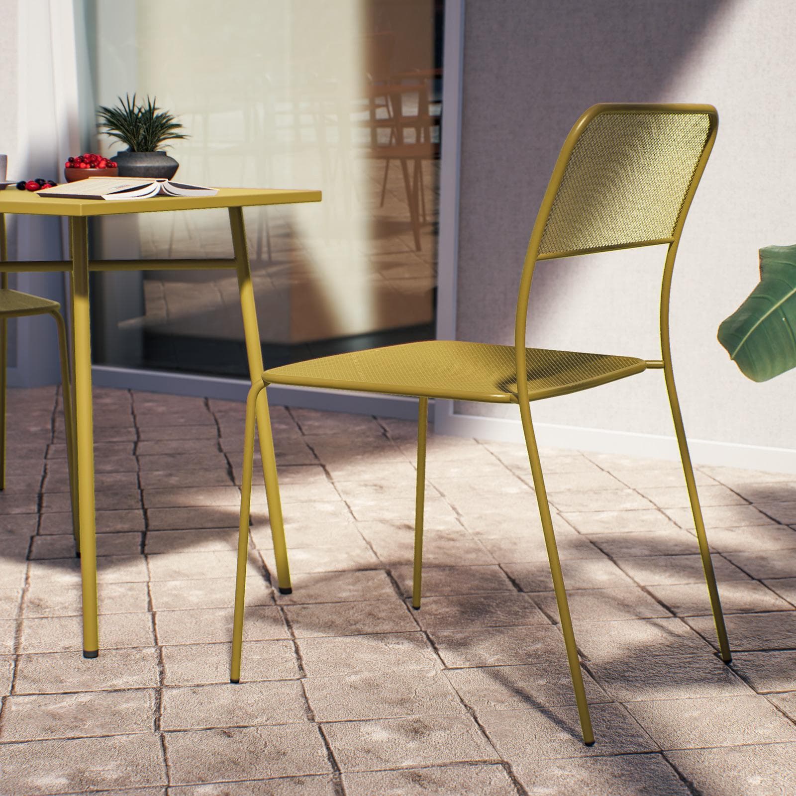 Set bistrot con tavolo 60x60 cm e 2 sedie in acciaio senape - Faber