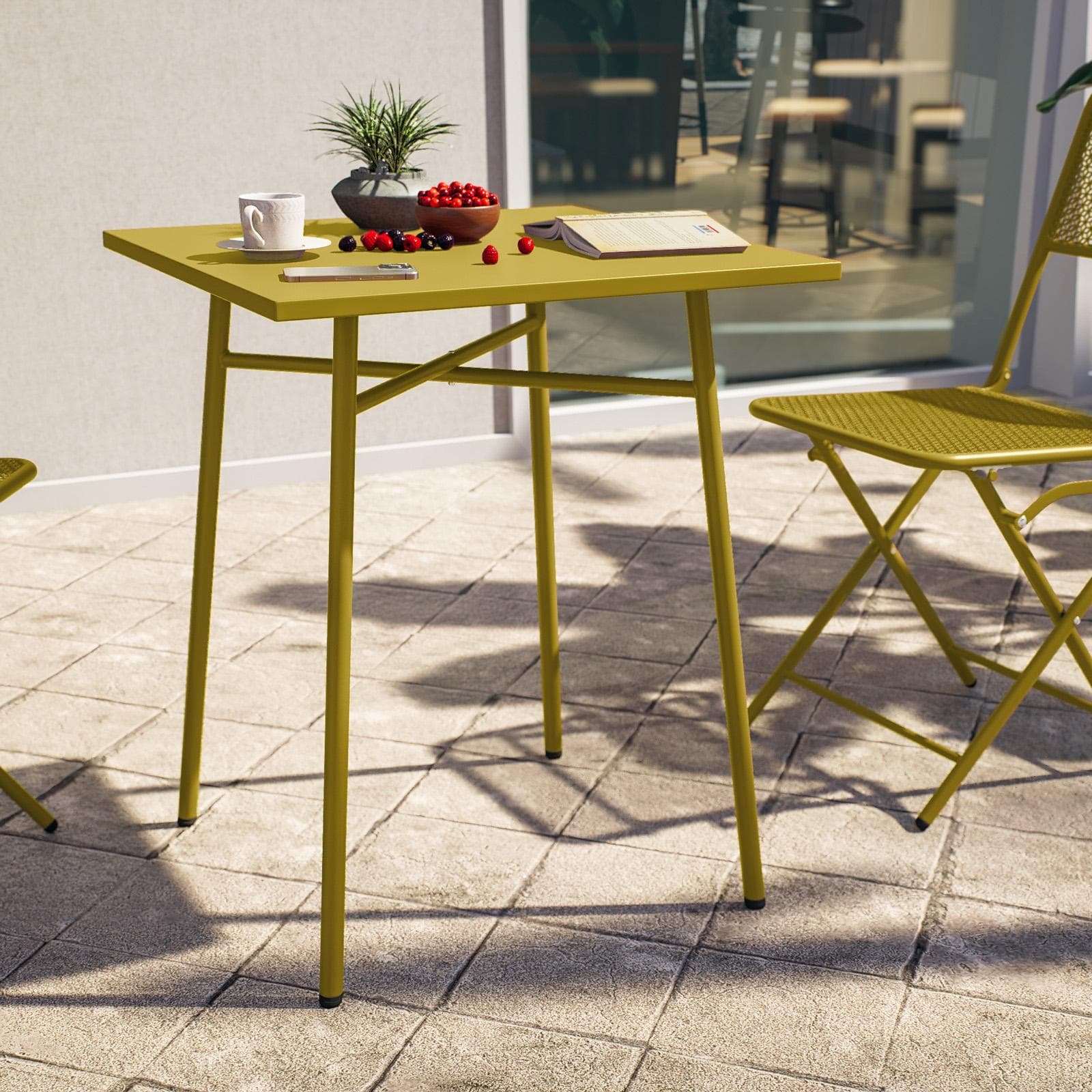 Set bistrot con tavolo 60x60 cm e 2 sedie pieghevoli in acciaio senape - Faber