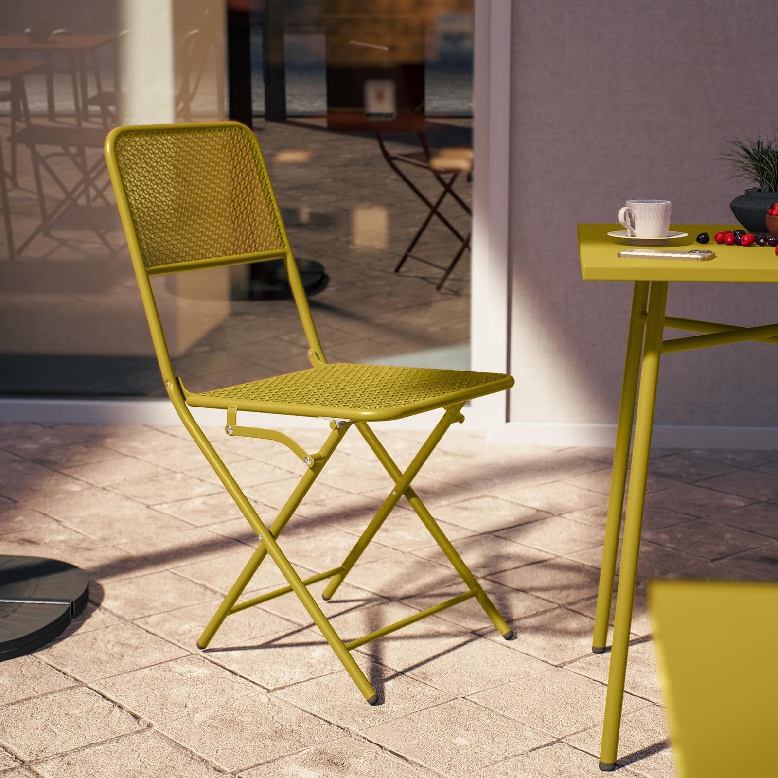 Set bistrot con tavolo 60x60 cm e 2 sedie pieghevoli in acciaio senape - Faber