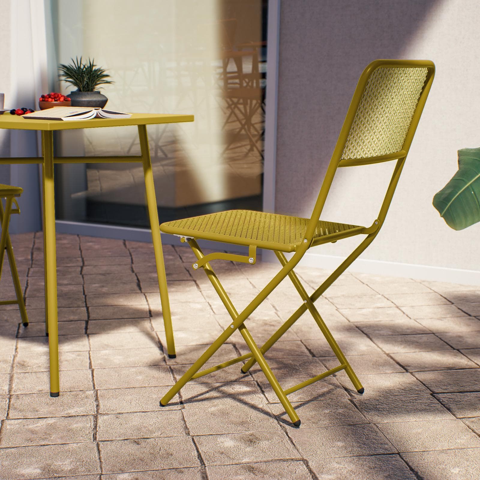 Set bistrot con tavolo 60x60 cm e 2 sedie pieghevoli in acciaio senape - Faber
