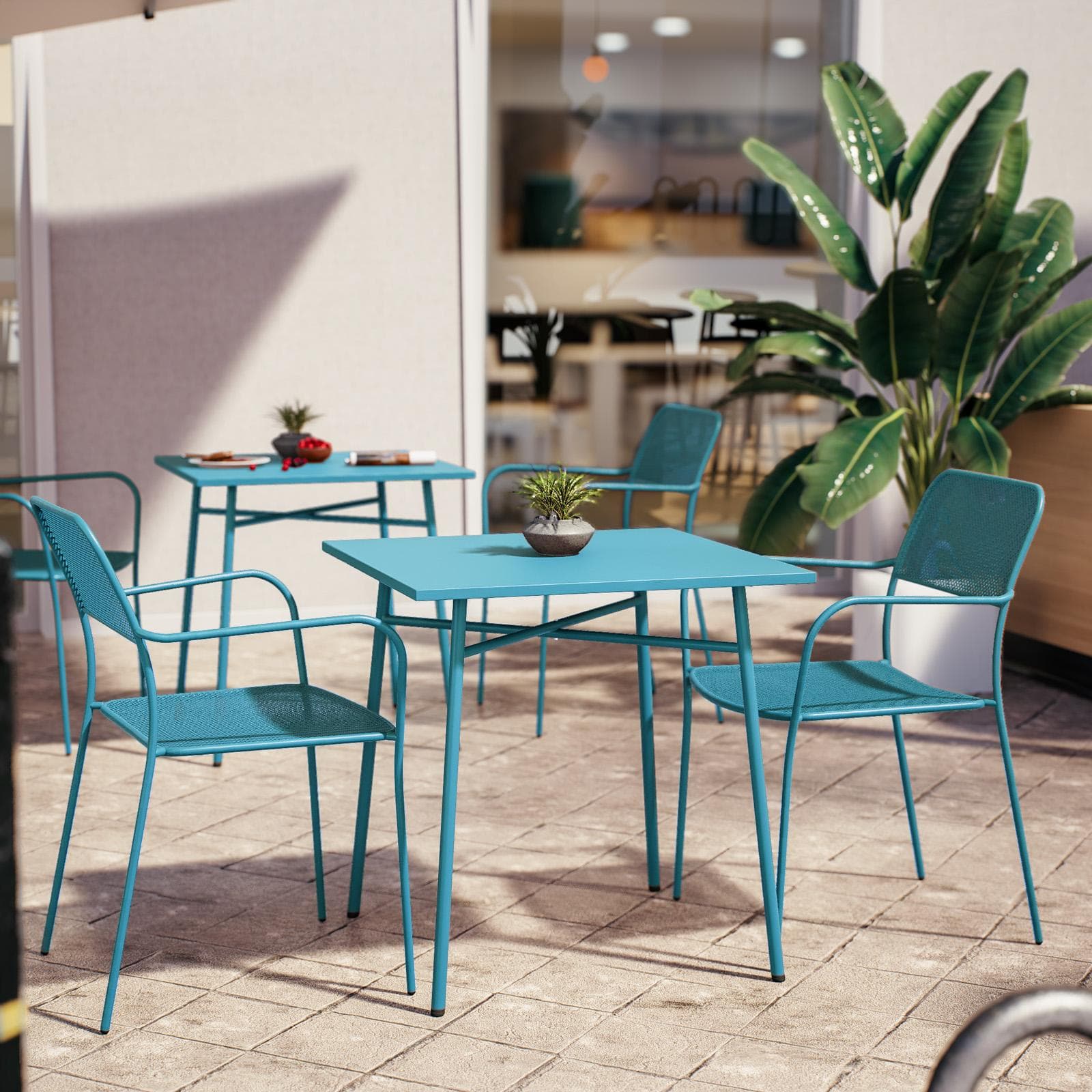 Set bistrot con tavolo 70x70 cm e 2 sedie con braccioli in acciaio blu maldive - Faber