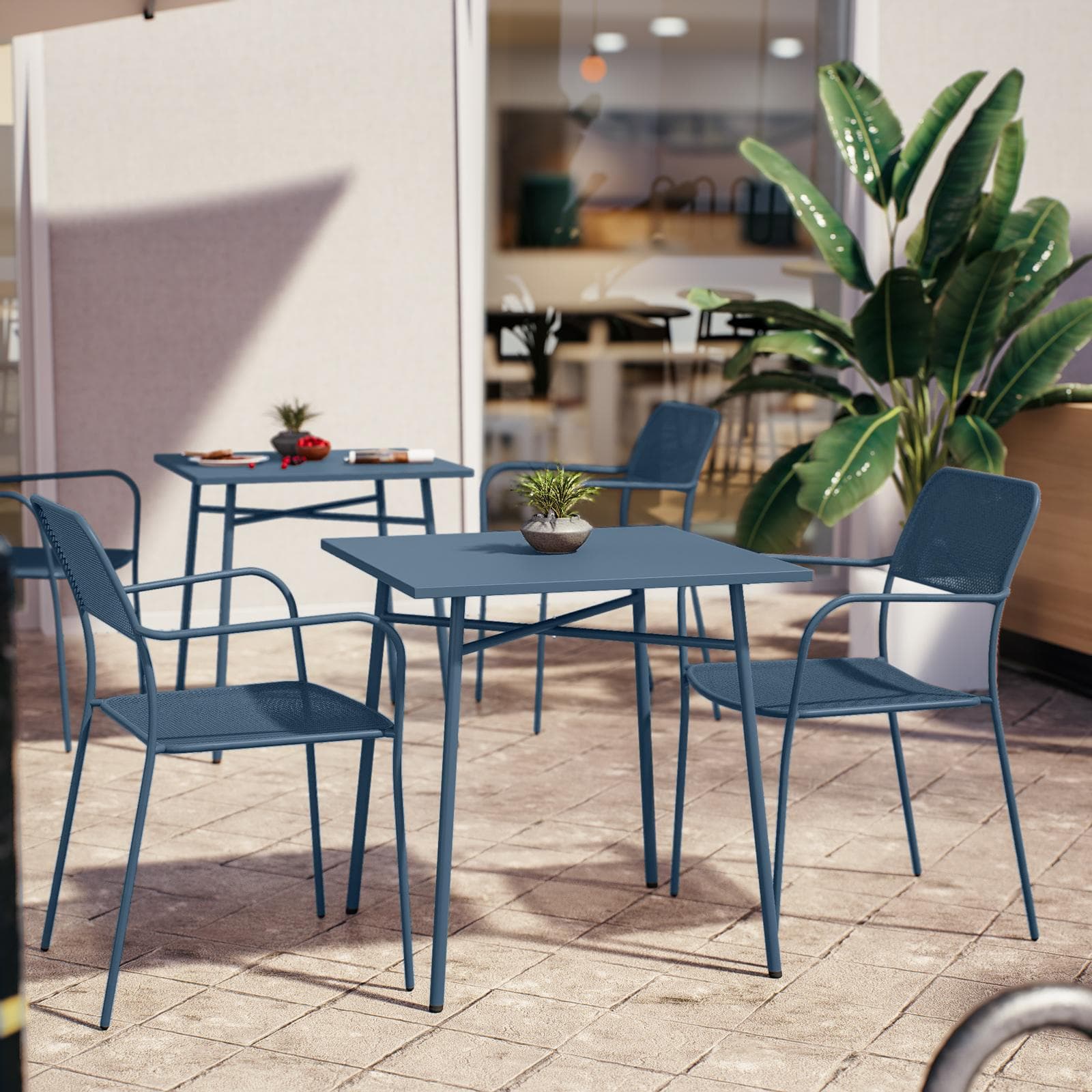 Set bistrot con tavolo 70x70 cm e 2 sedie con braccioli in acciaio blu oceano - Faber