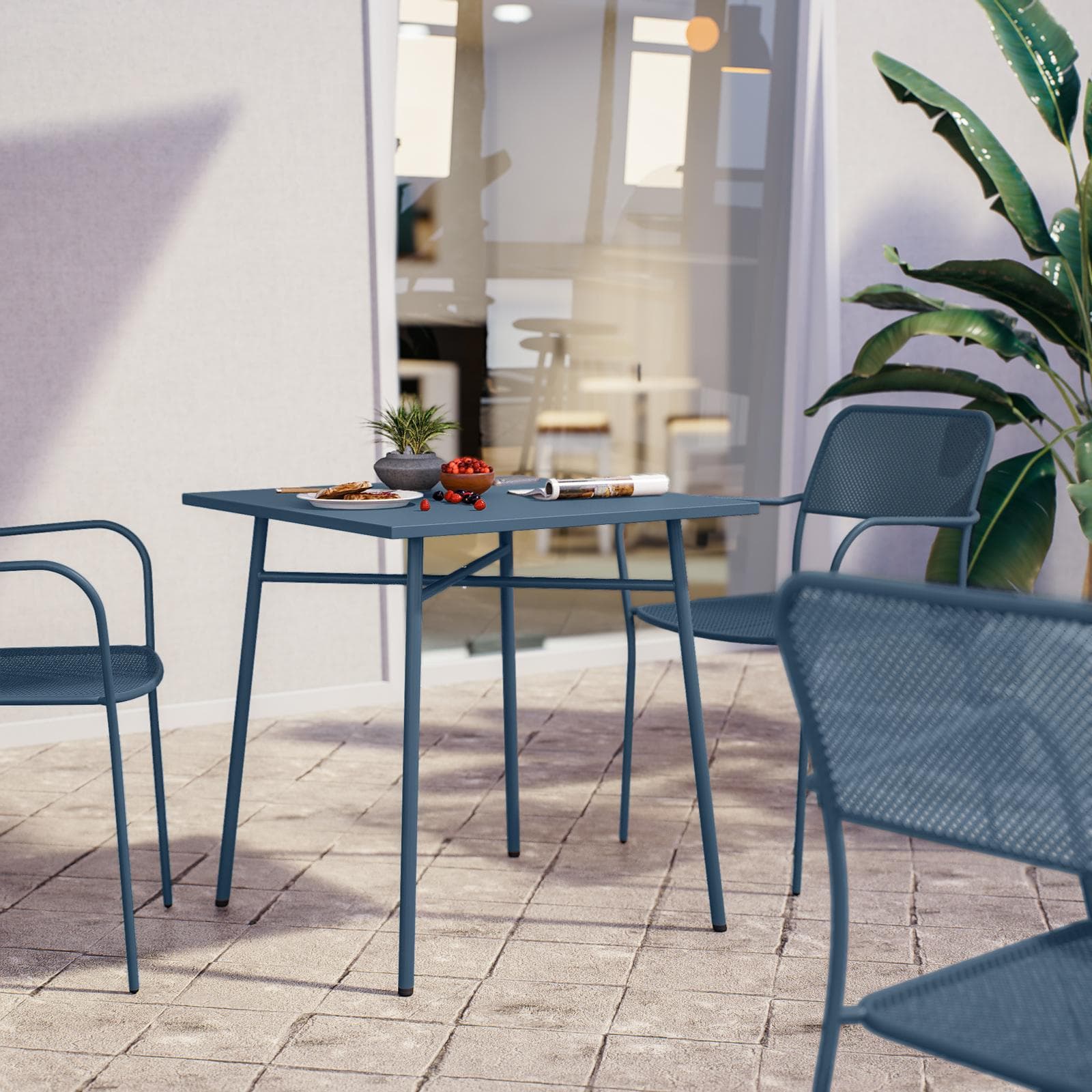 Set bistrot con tavolo 70x70 cm e 2 sedie con braccioli in acciaio blu oceano - Faber