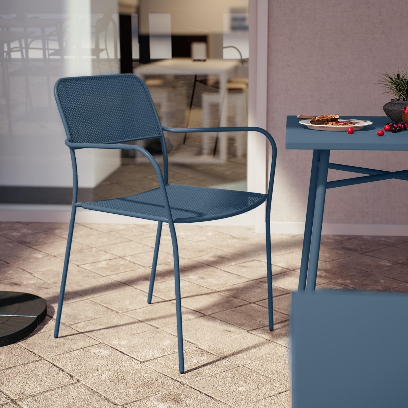 Set bistrot con tavolo 70x70 cm e 2 sedie con braccioli in acciaio blu oceano - Faber