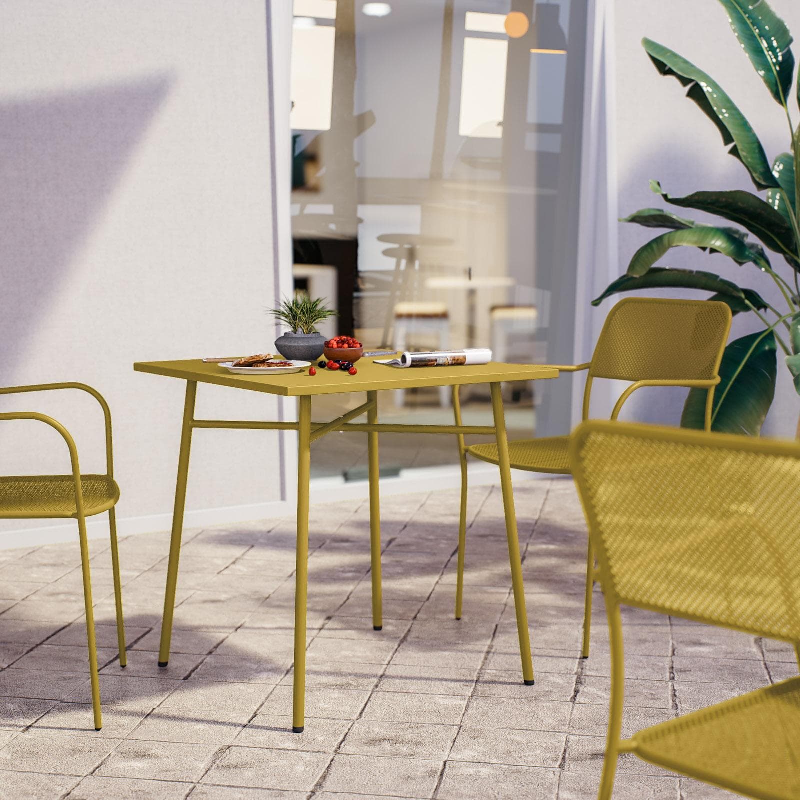 Set bistrot con tavolo 70x70 cm e 2 sedie con braccioli in acciaio senape - Faber