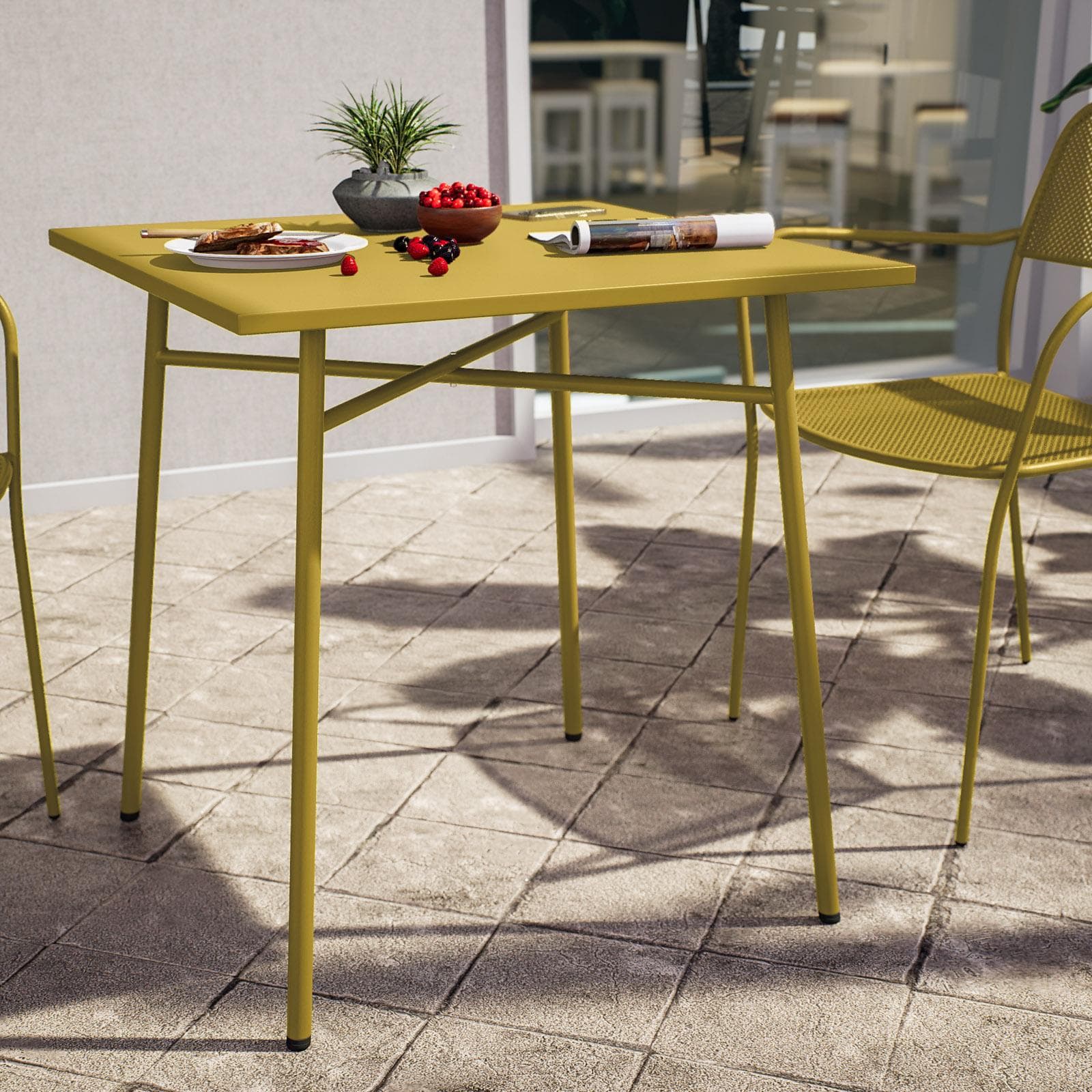 Set bistrot con tavolo 70x70 cm e 2 sedie con braccioli in acciaio senape - Faber