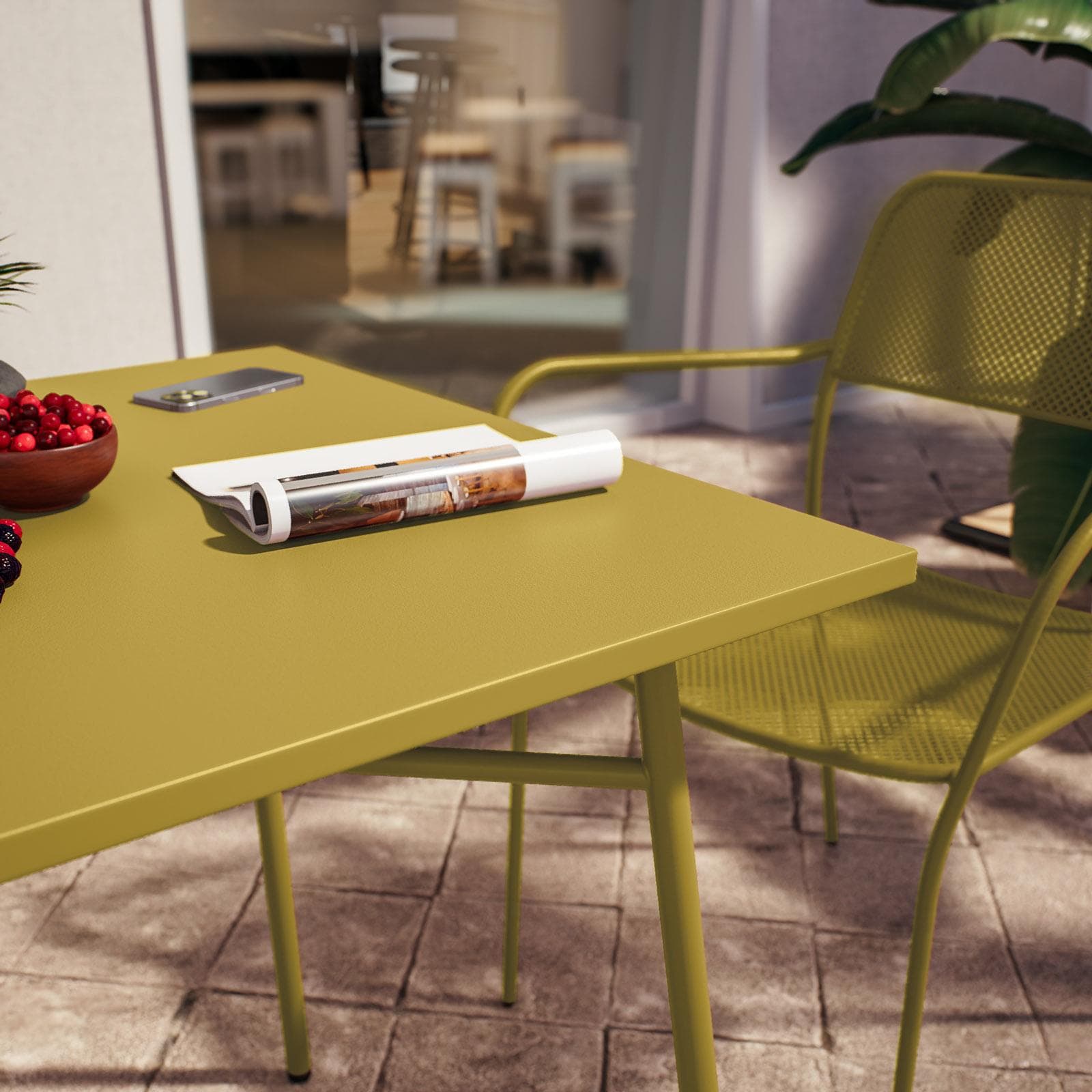 Set bistrot con tavolo 70x70 cm e 2 sedie con braccioli in acciaio senape - Faber