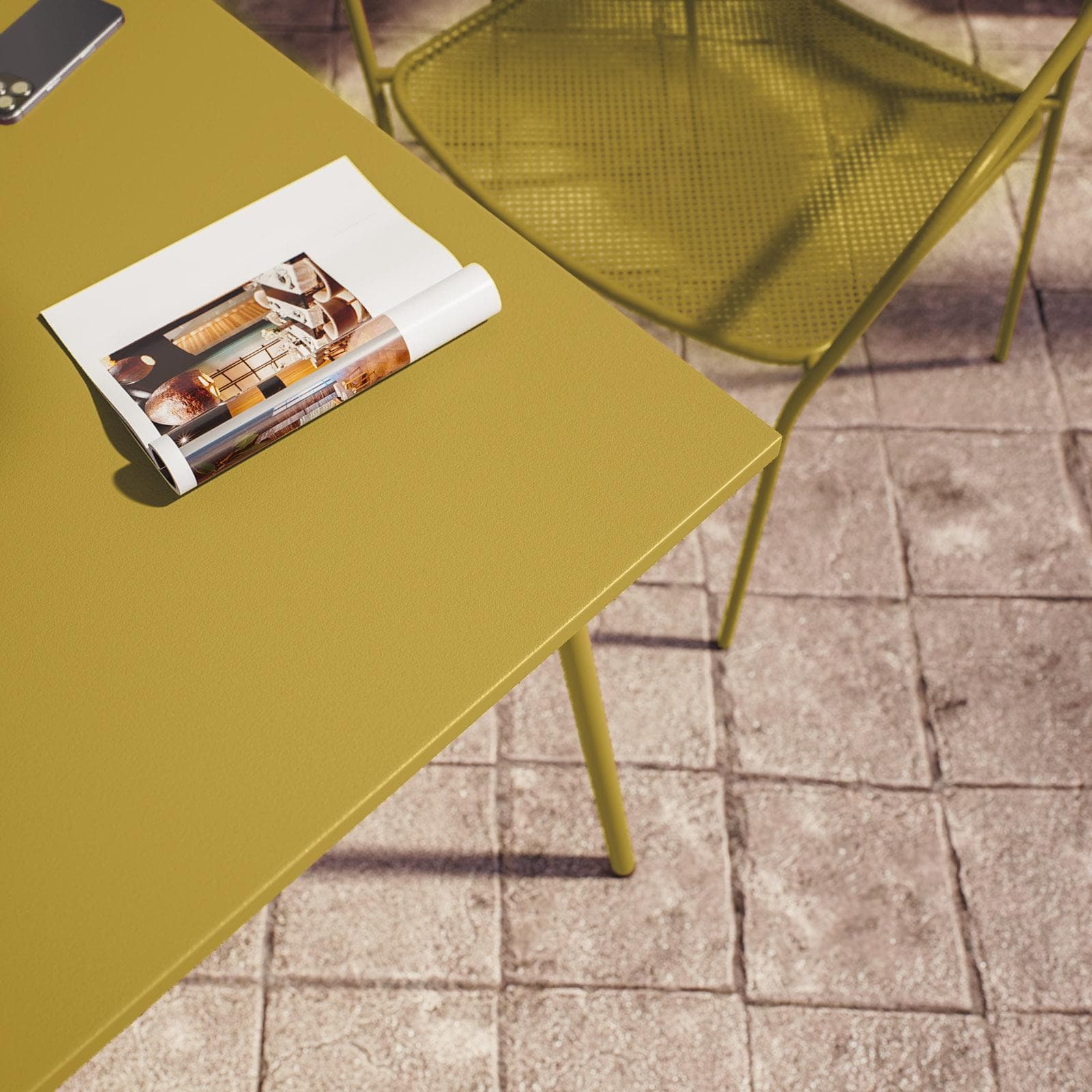 Set bistrot con tavolo 70x70 cm e 2 sedie con braccioli in acciaio senape - Faber