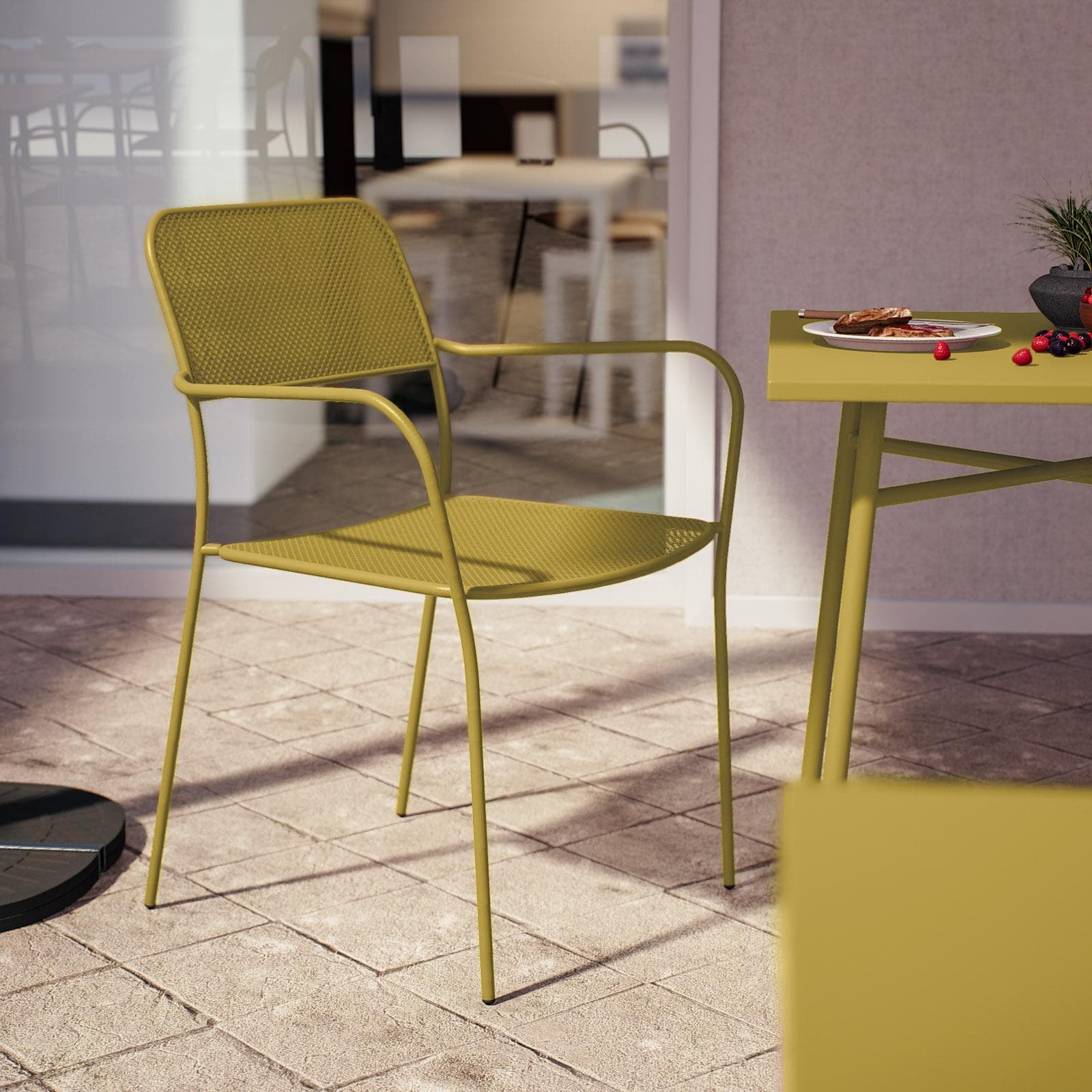 Set bistrot con tavolo 70x70 cm e 2 sedie con braccioli in acciaio senape - Faber