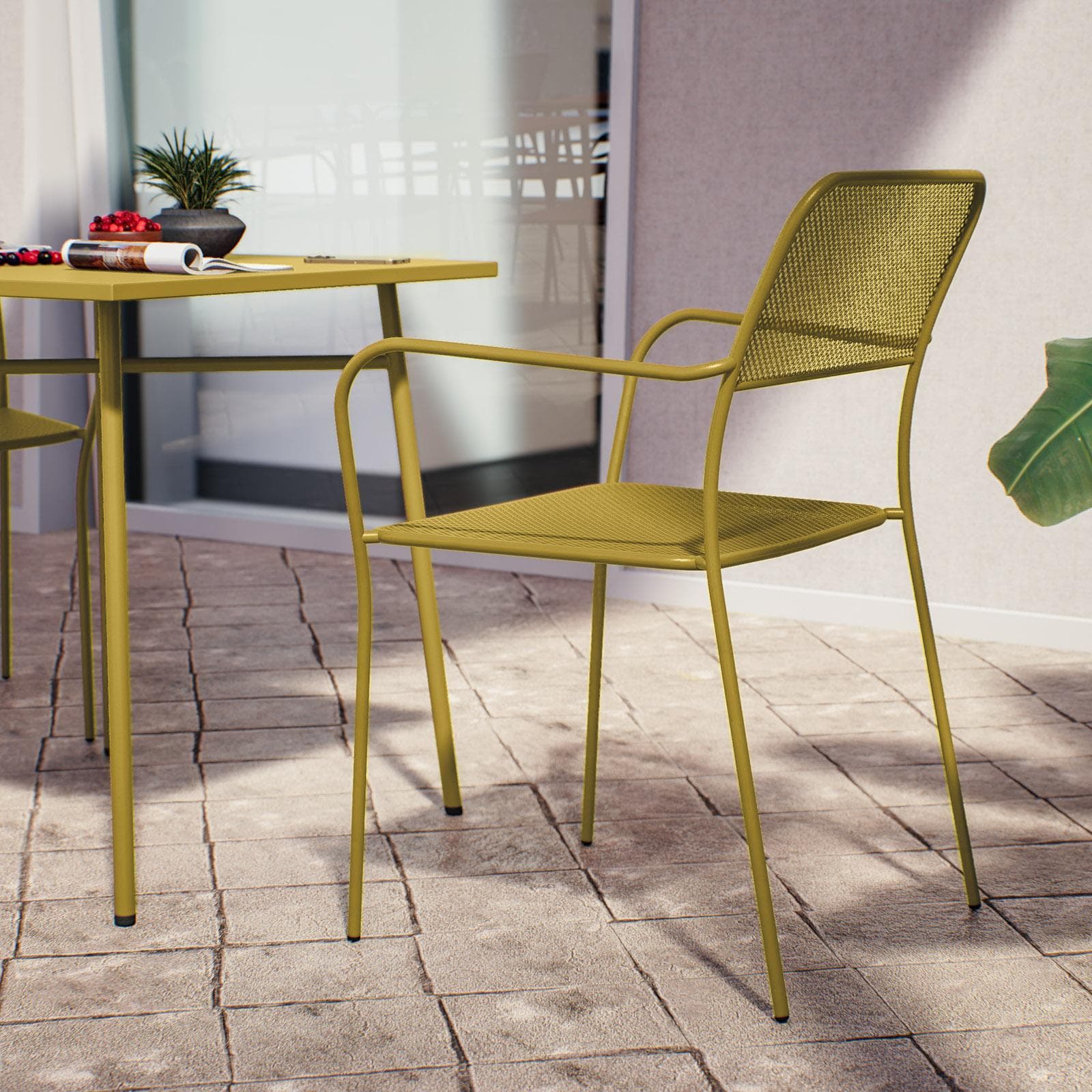 Set bistrot con tavolo 70x70 cm e 2 sedie con braccioli in acciaio senape - Faber