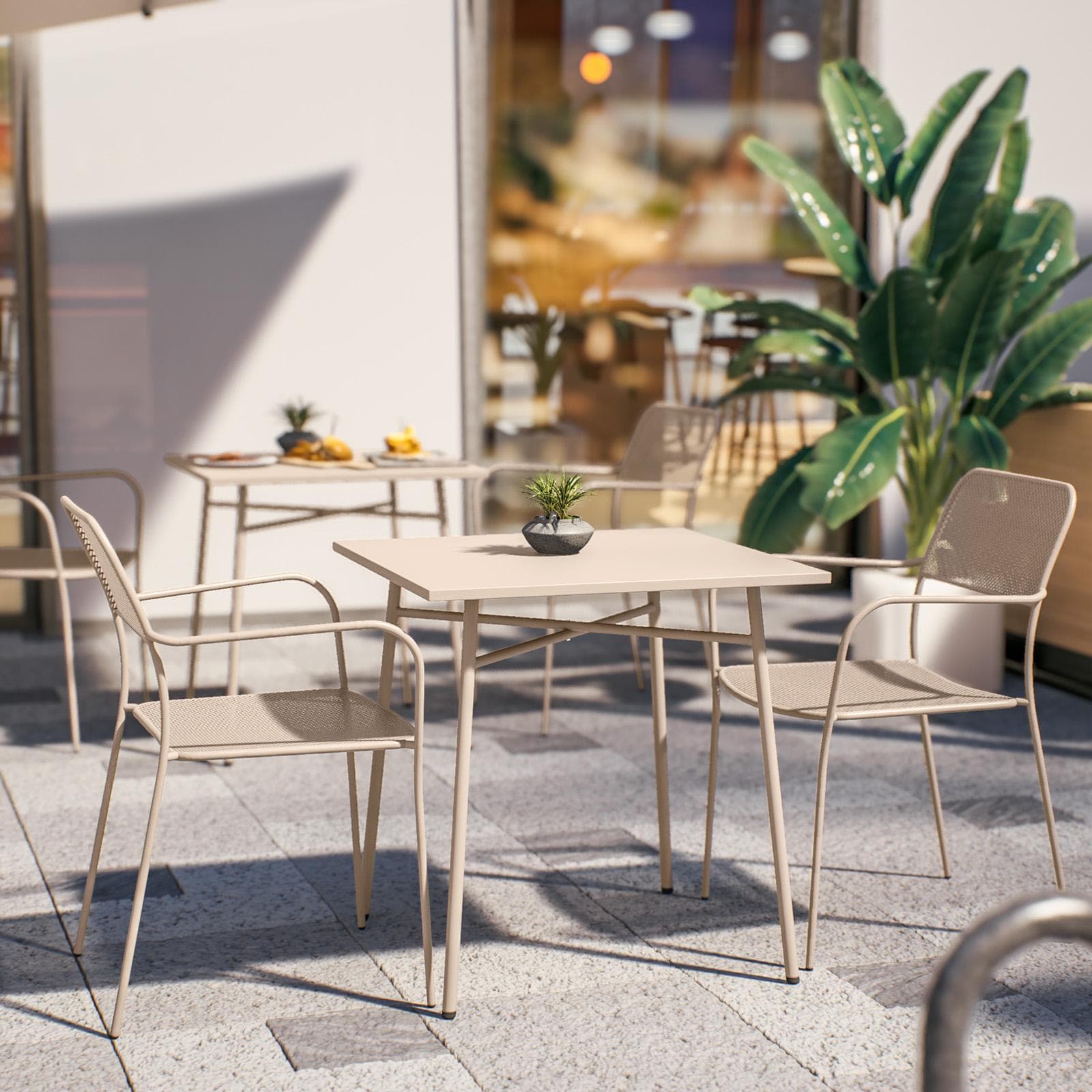 Set bistrot con tavolo 70x70 cm e 2 sedie con braccioli in acciaio vaniglia - Faber
