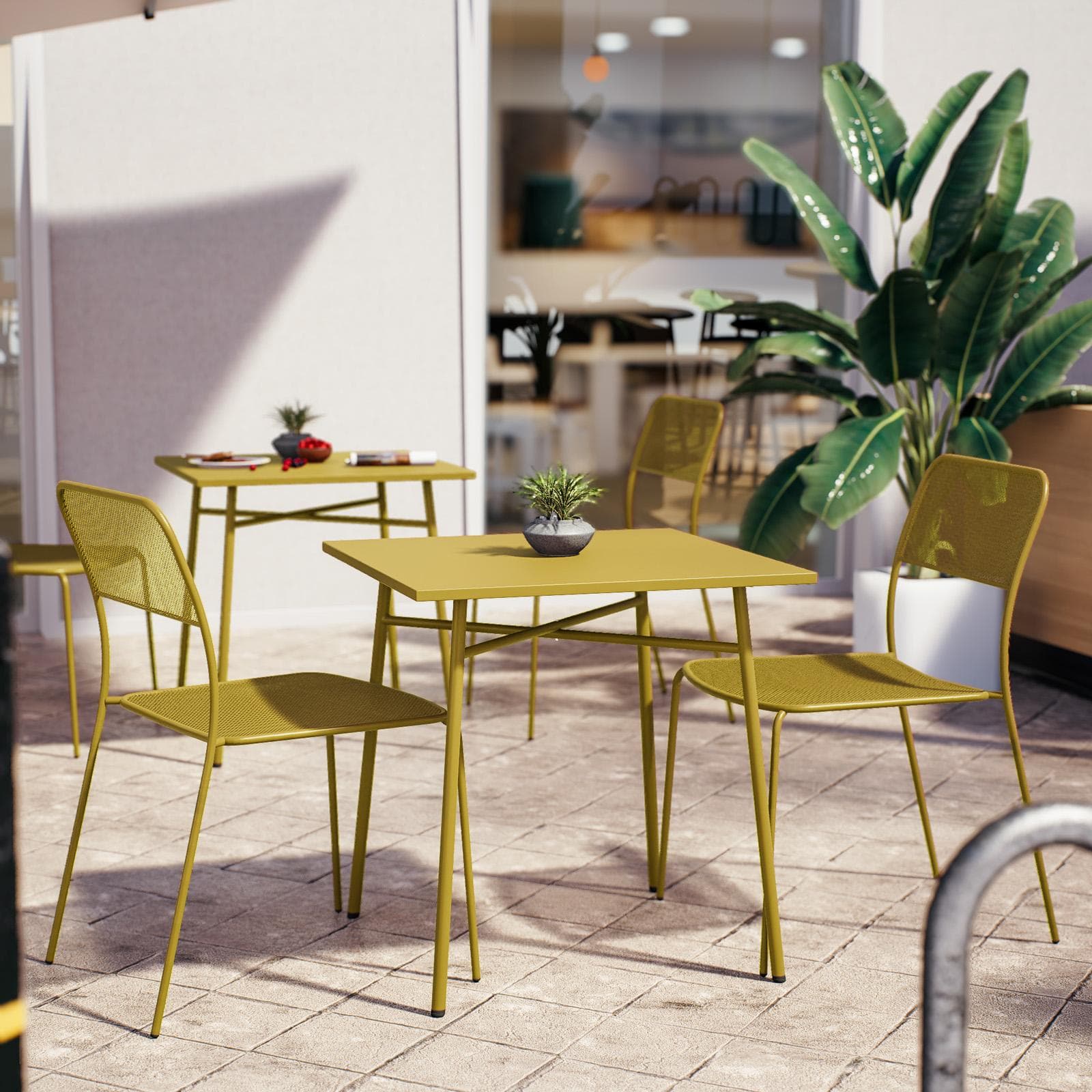 Set bistrot con tavolo 70x70 cm e 2 sedie in acciaio senape - Faber