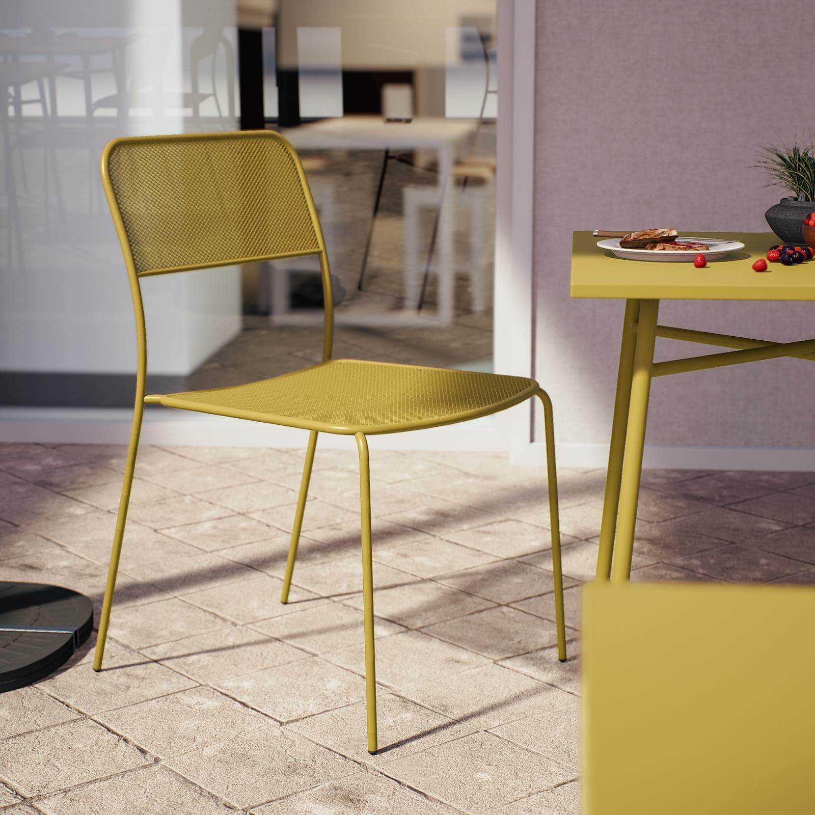 Set bistrot con tavolo 70x70 cm e 2 sedie in acciaio senape - Faber