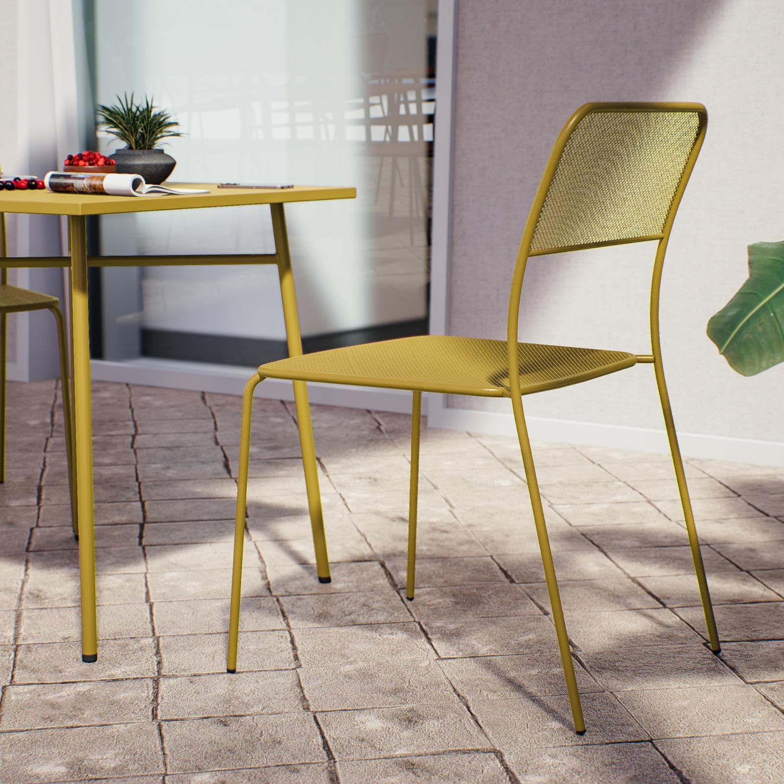 Set bistrot con tavolo 70x70 cm e 2 sedie in acciaio senape - Faber