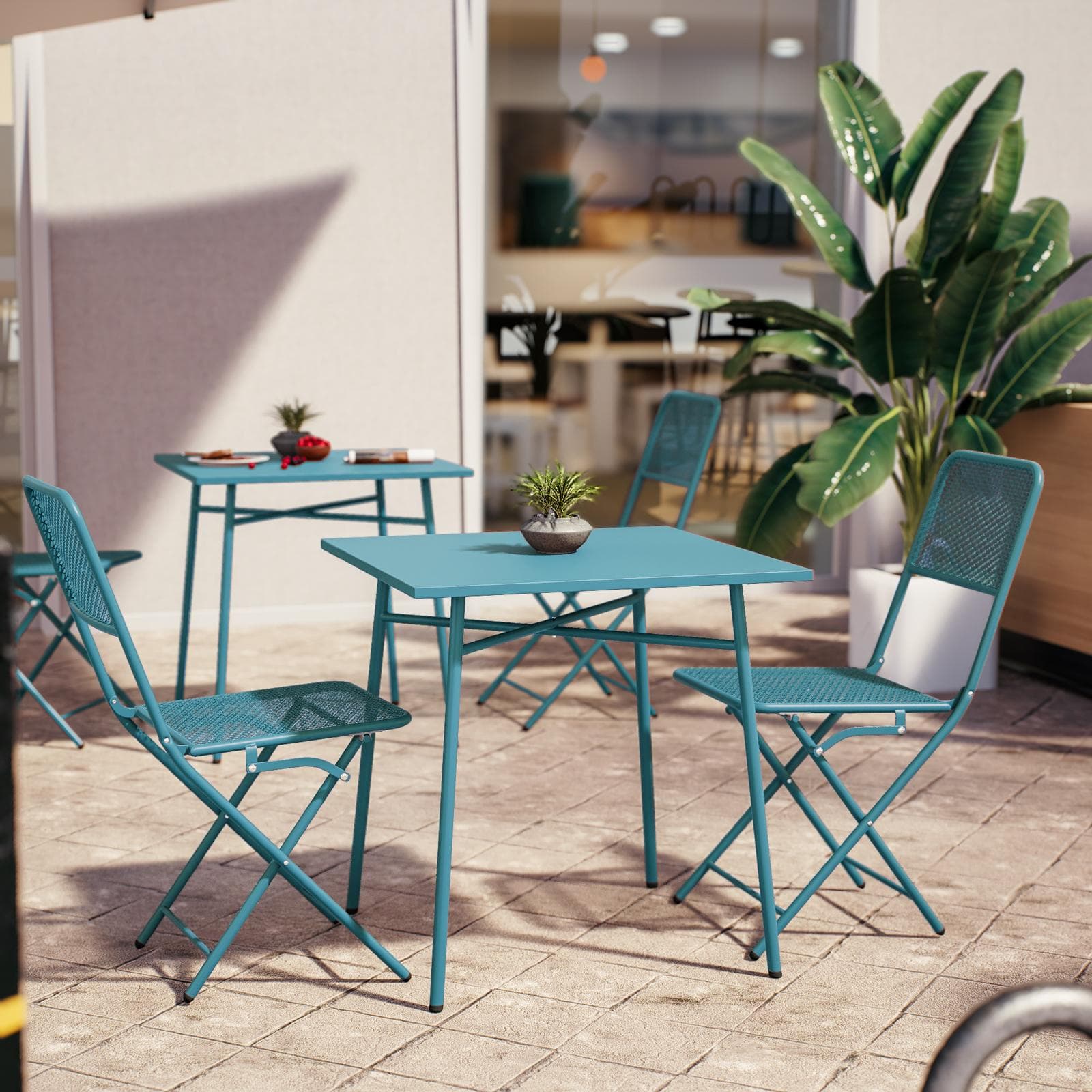Set bistrot con tavolo 70x70 cm e 2 sedie pieghevole in acciaio blu maldive - Faber