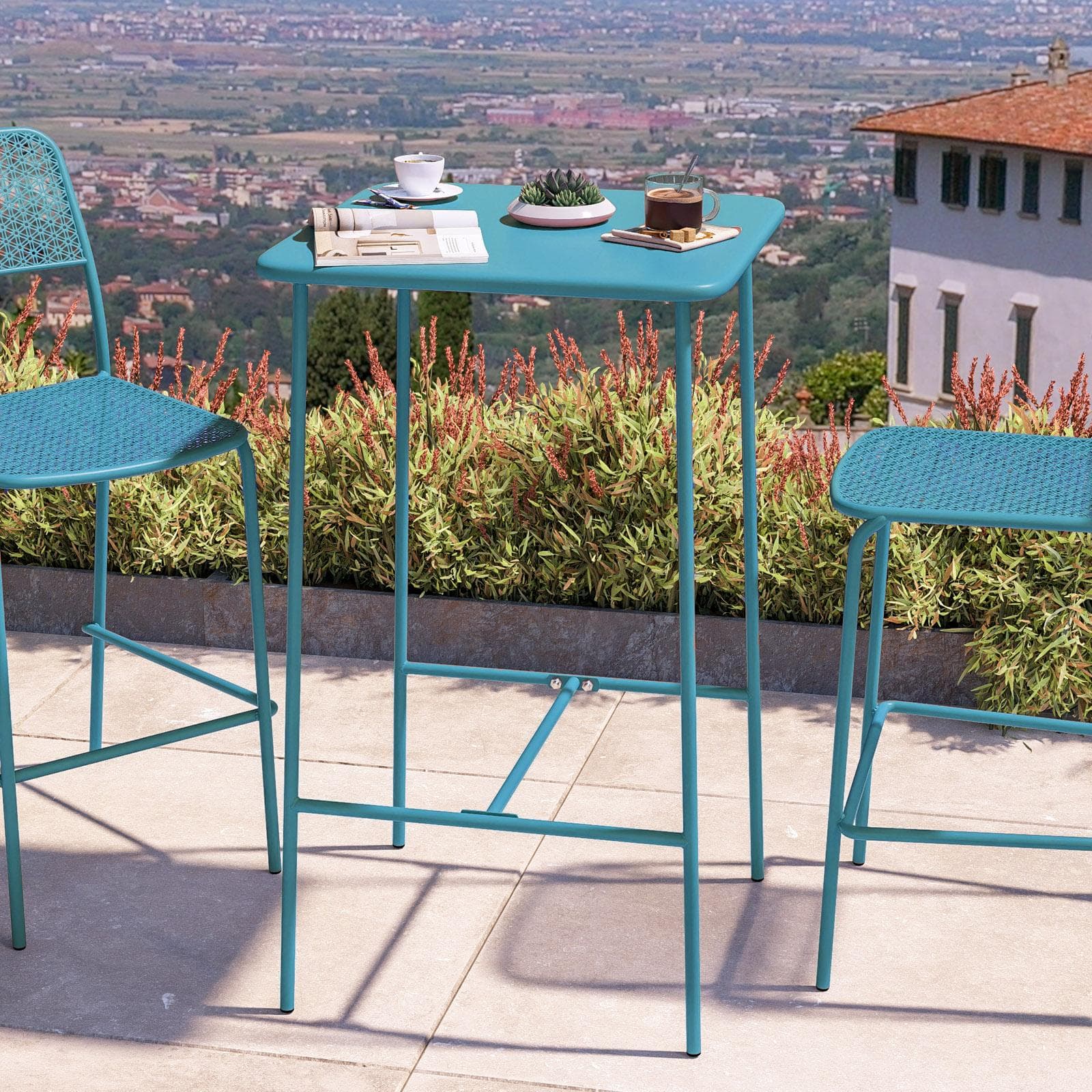 Set bistrot con tavolo alto 60x60 cm e 2 sgabelli in acciaio blu maldive - Faber