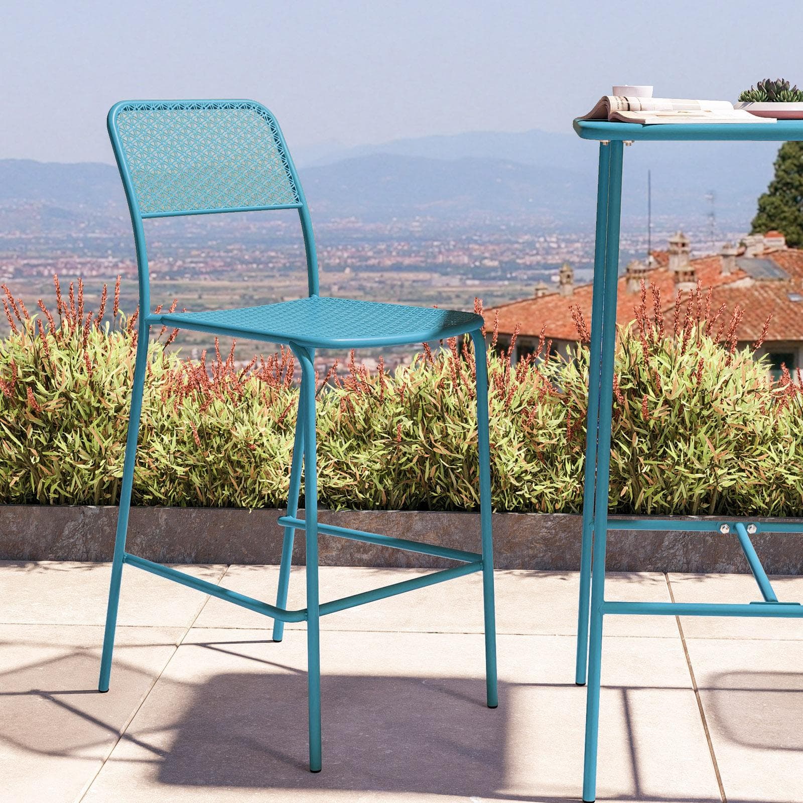 Set bistrot con tavolo alto 60x60 cm e 2 sgabelli in acciaio blu maldive - Faber
