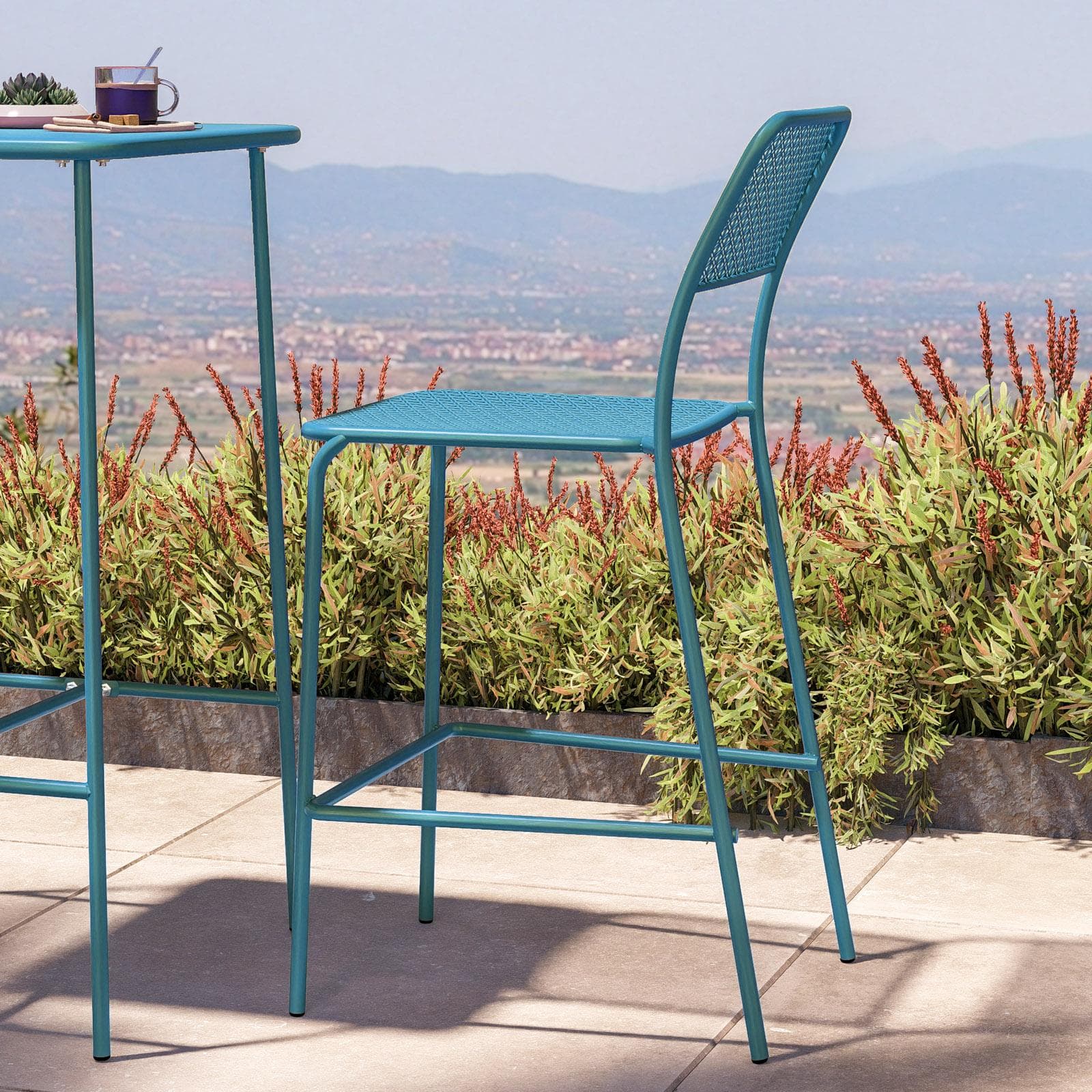 Set bistrot con tavolo alto 60x60 cm e 2 sgabelli in acciaio blu maldive - Faber