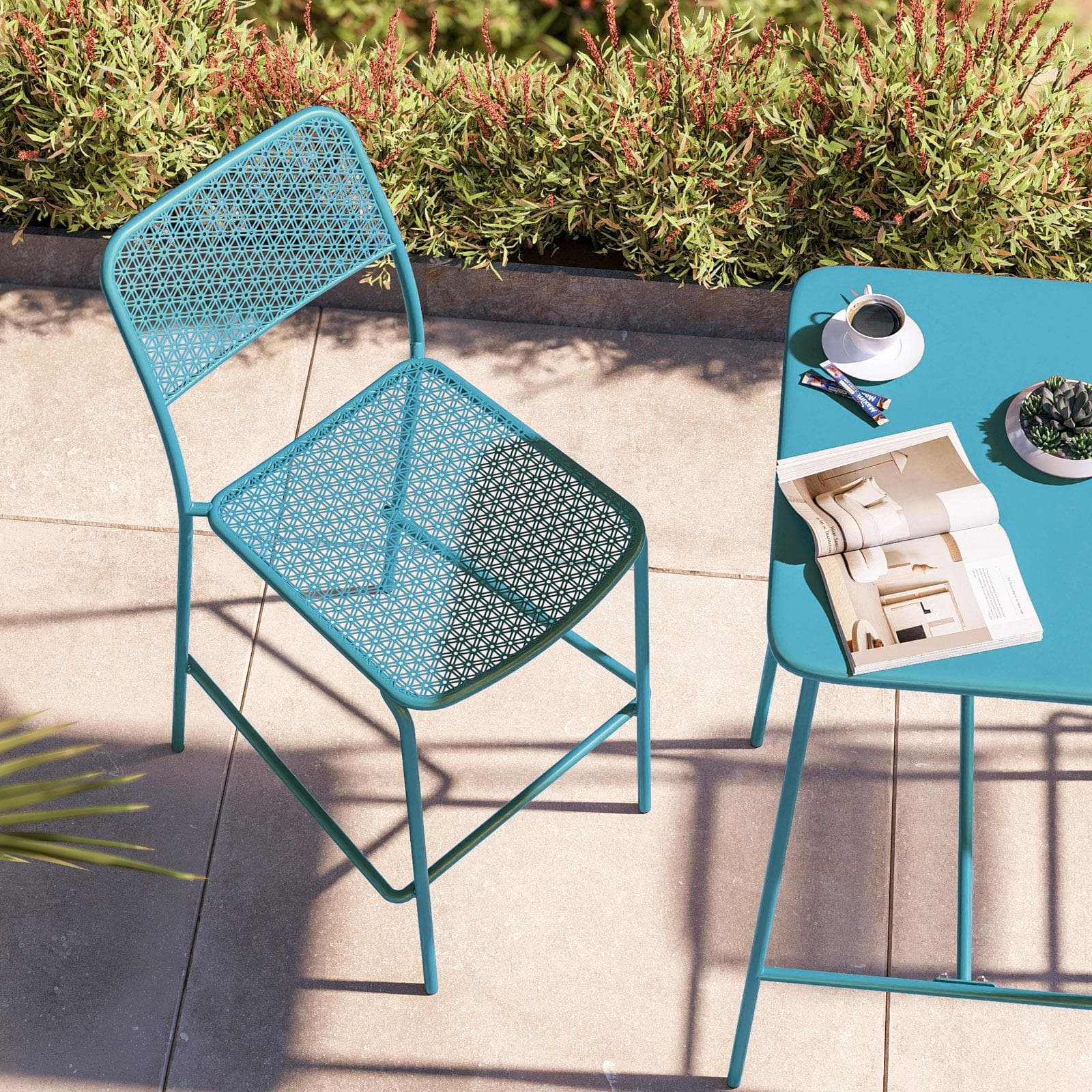 Set bistrot con tavolo alto 60x60 cm e 2 sgabelli in acciaio blu maldive - Faber