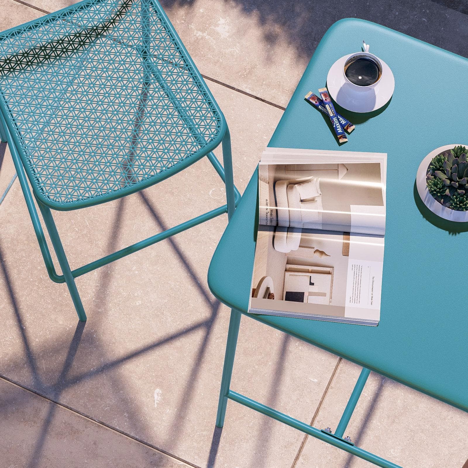 Set bistrot con tavolo alto 60x60 cm e 2 sgabelli in acciaio blu maldive - Faber