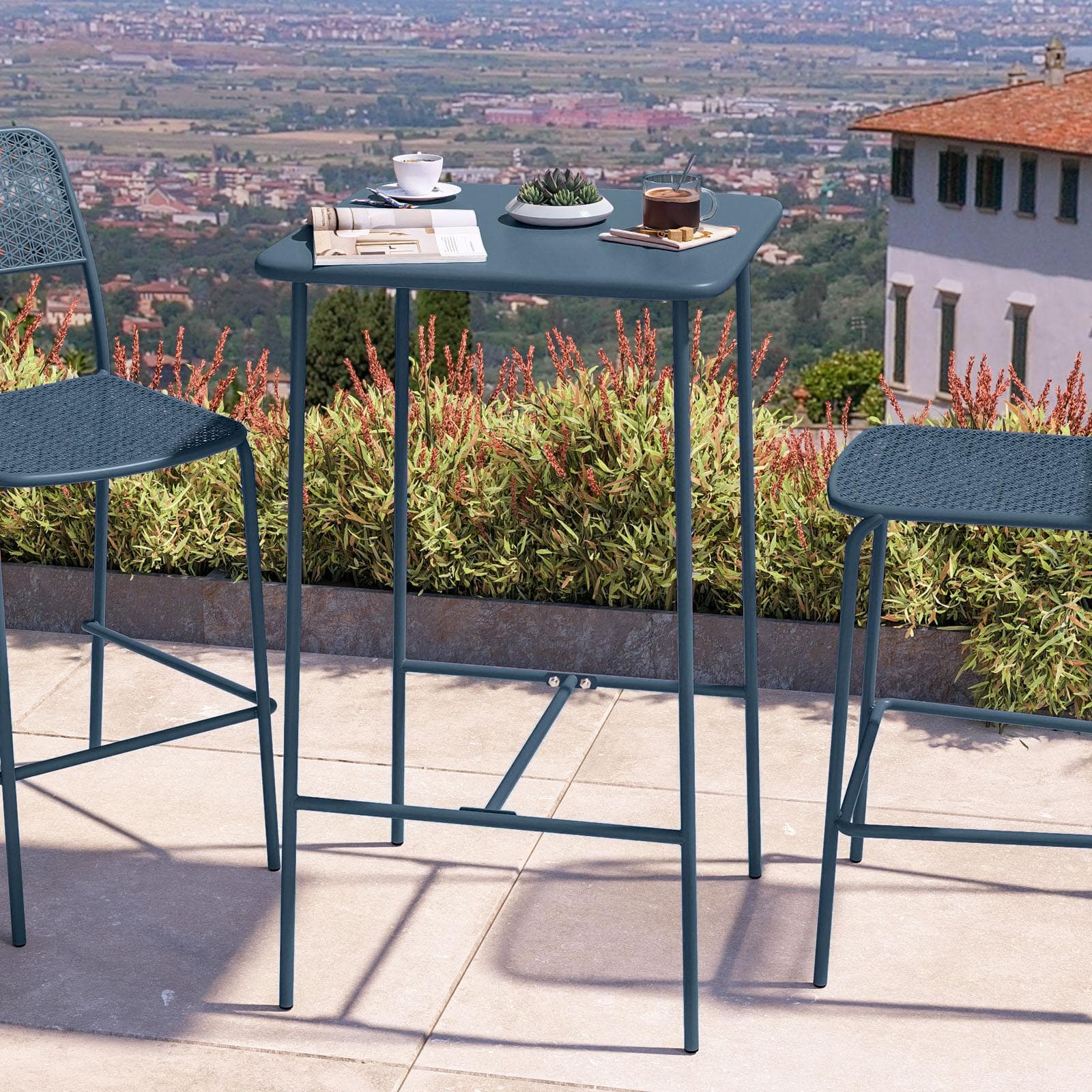Set bistrot con tavolo alto 60x60 cm e 2 sgabelli in acciaio blu oceano - Faber