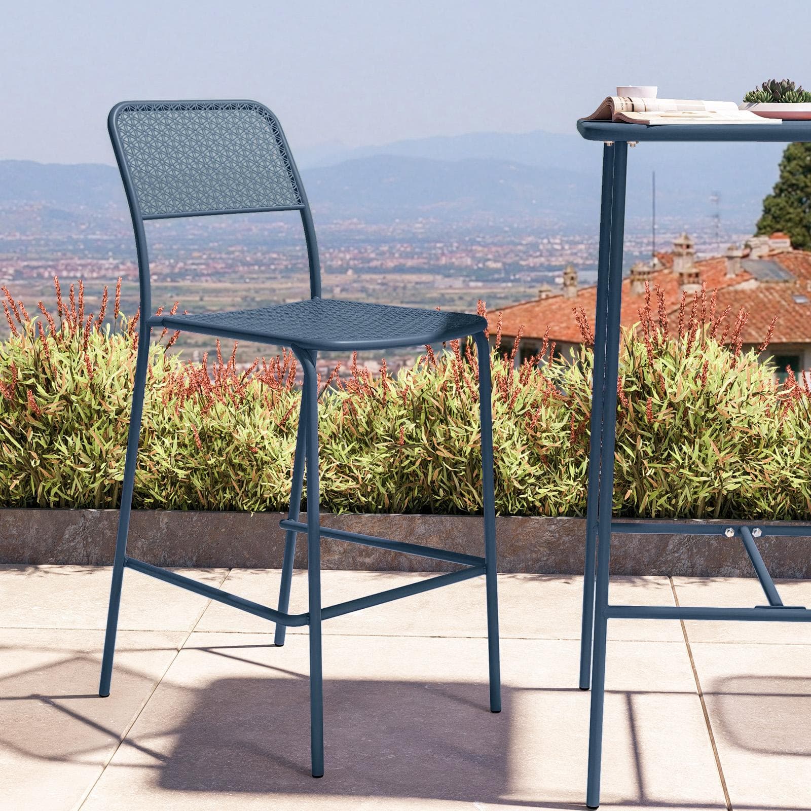 Set bistrot con tavolo alto 60x60 cm e 2 sgabelli in acciaio blu oceano - Faber