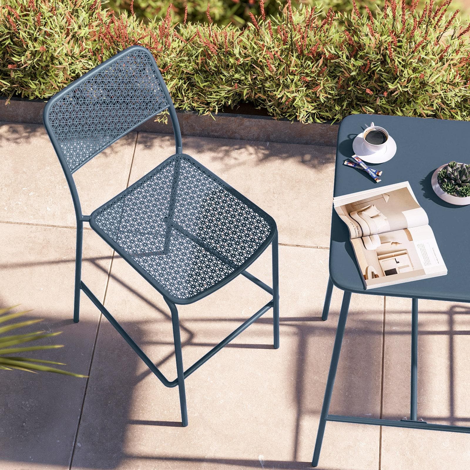 Set bistrot con tavolo alto 60x60 cm e 2 sgabelli in acciaio blu oceano - Faber