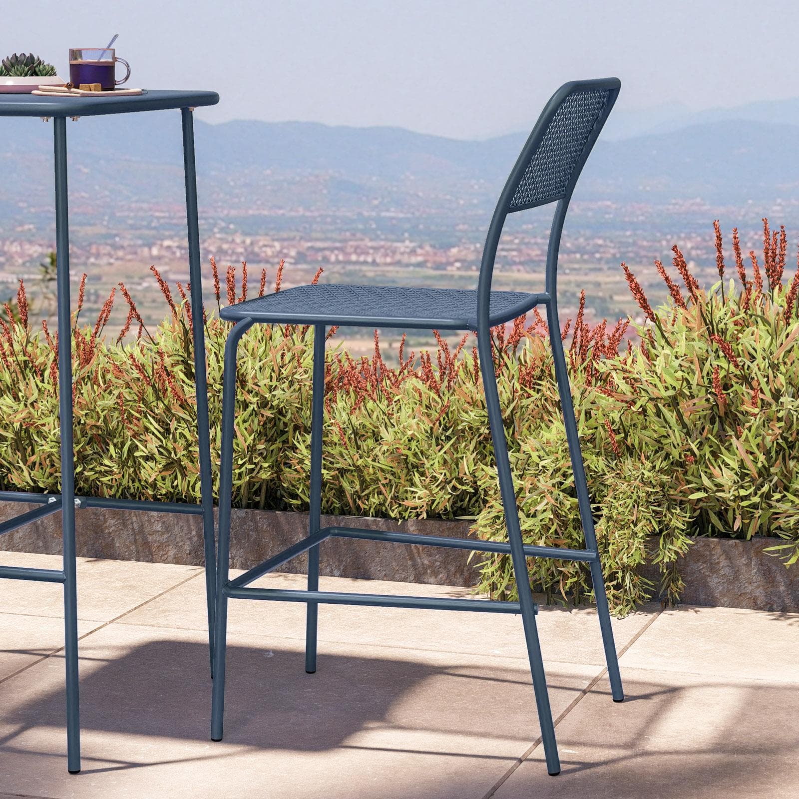 Set bistrot con tavolo alto 60x60 cm e 2 sgabelli in acciaio blu oceano - Faber