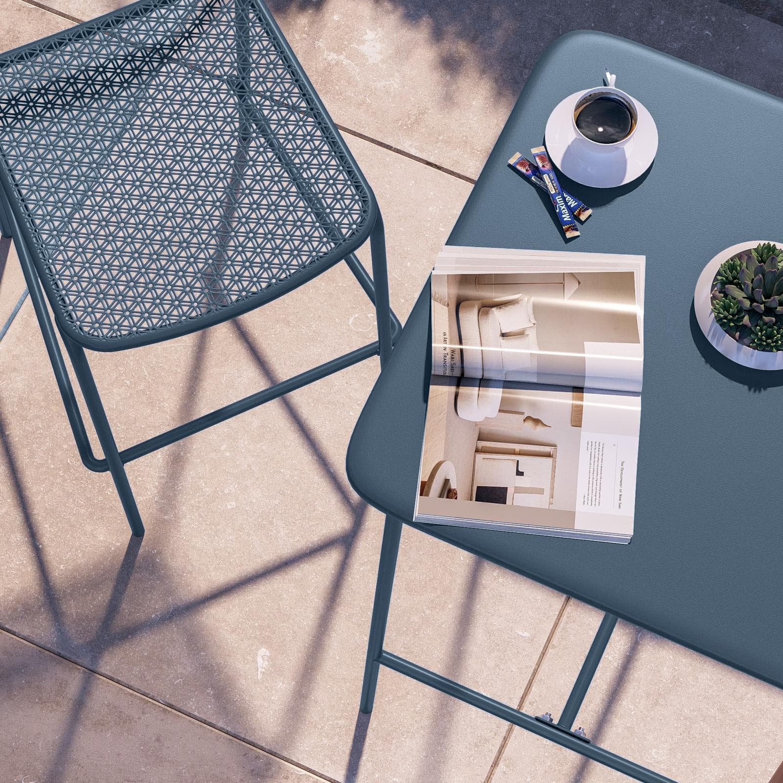 Set bistrot con tavolo alto 60x60 cm e 2 sgabelli in acciaio blu oceano - Faber
