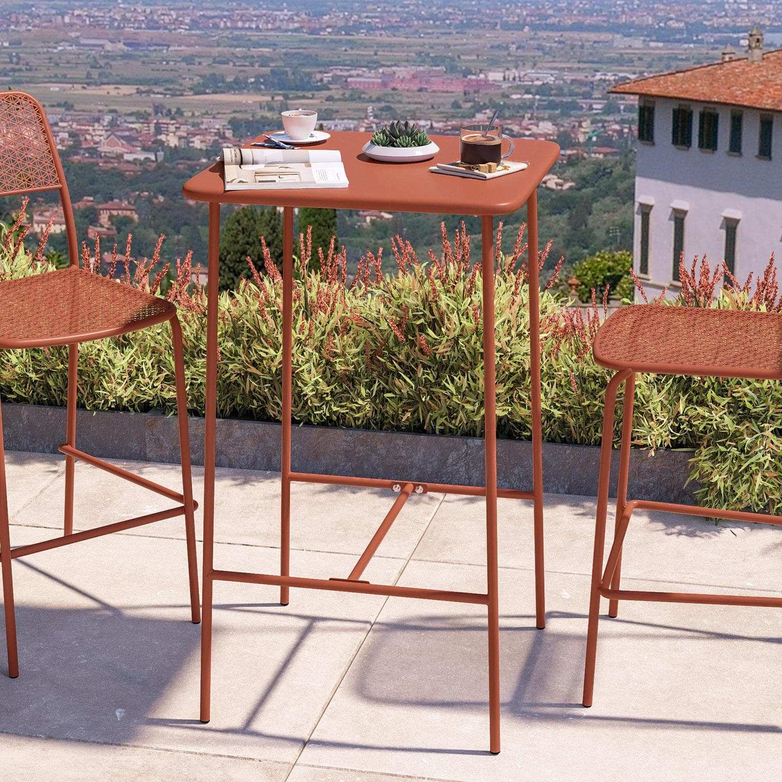 Set bistrot con tavolo alto 60x60 cm e 2 sgabelli in acciaio terracotta - Faber