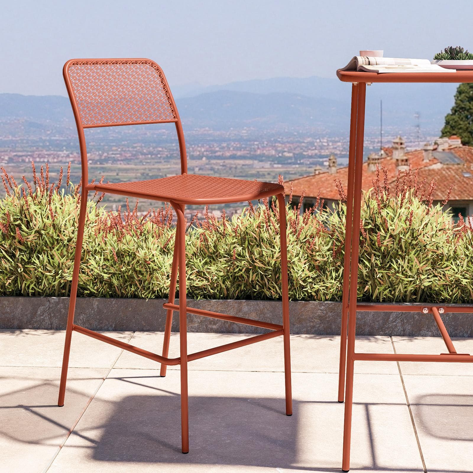 Set bistrot con tavolo alto 60x60 cm e 2 sgabelli in acciaio terracotta - Faber