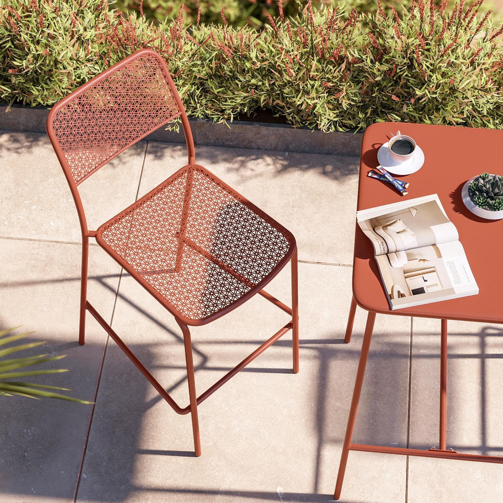 Set bistrot con tavolo alto 60x60 cm e 2 sgabelli in acciaio terracotta - Faber