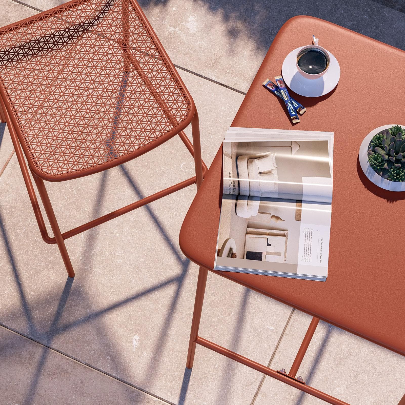 Set bistrot con tavolo alto 60x60 cm e 2 sgabelli in acciaio terracotta - Faber