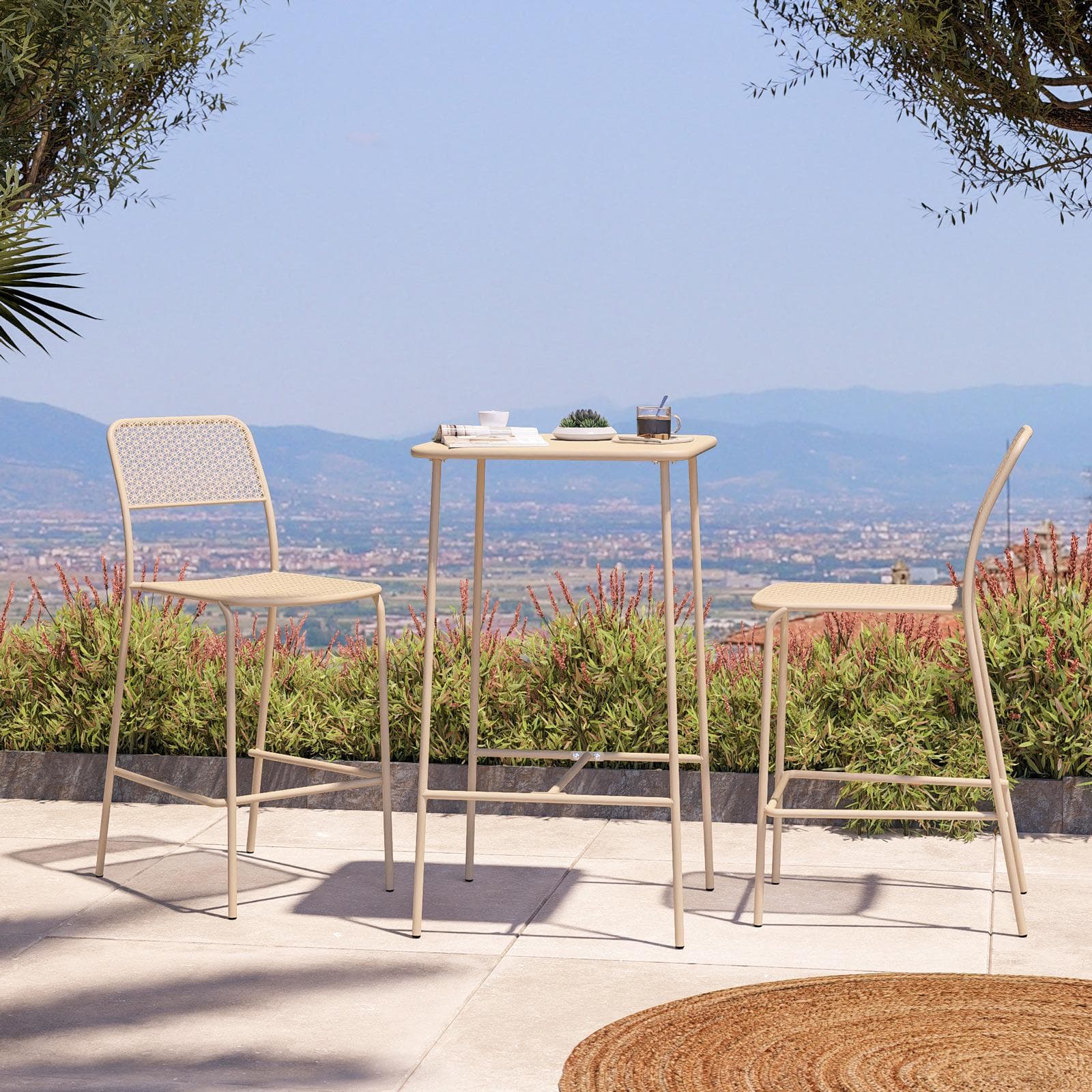 Set bistrot con tavolo alto 60x60 cm e 2 sgabelli in acciaio vaniglia - Faber